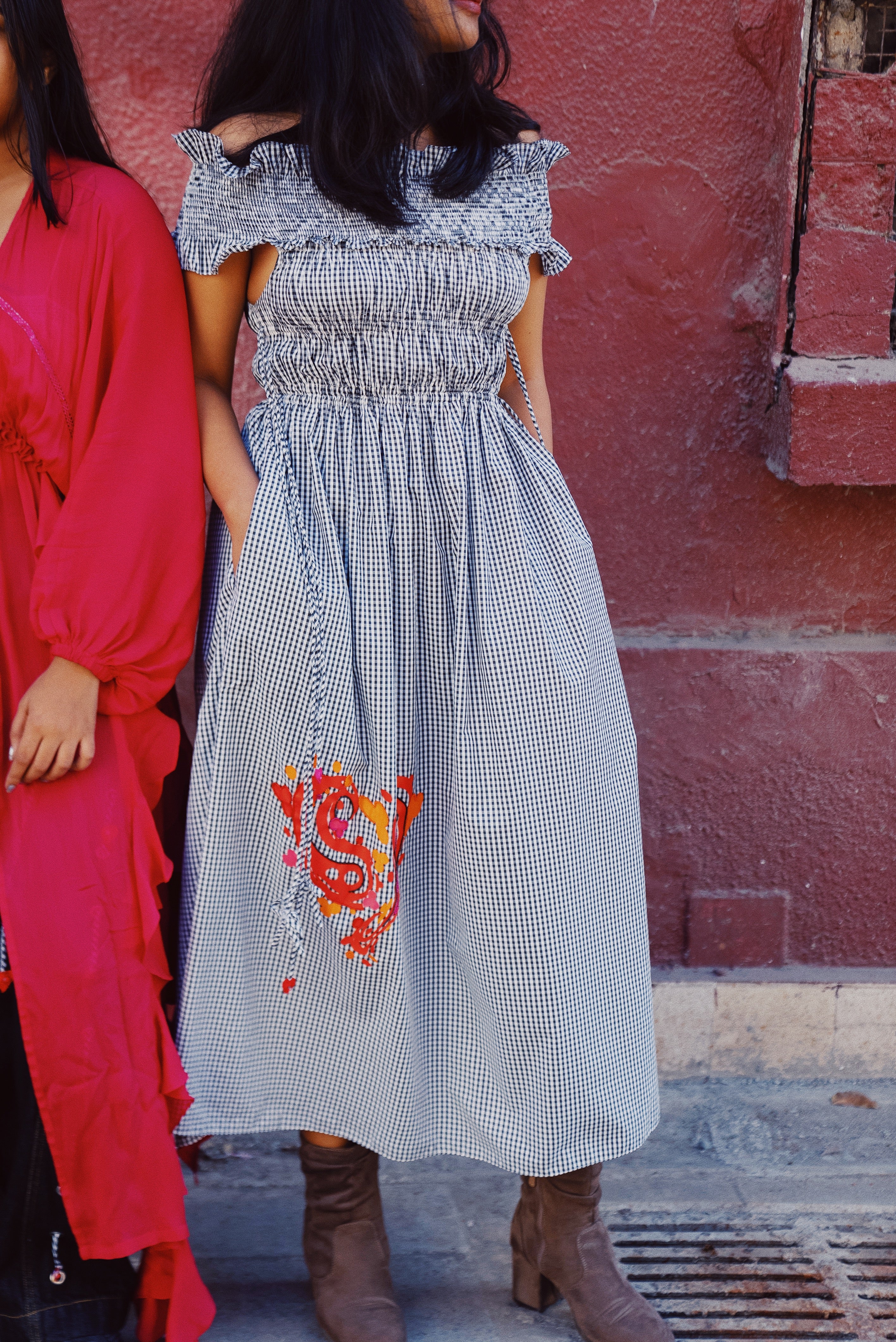 Gingham Smocked Off-Shoulder Midi Dress