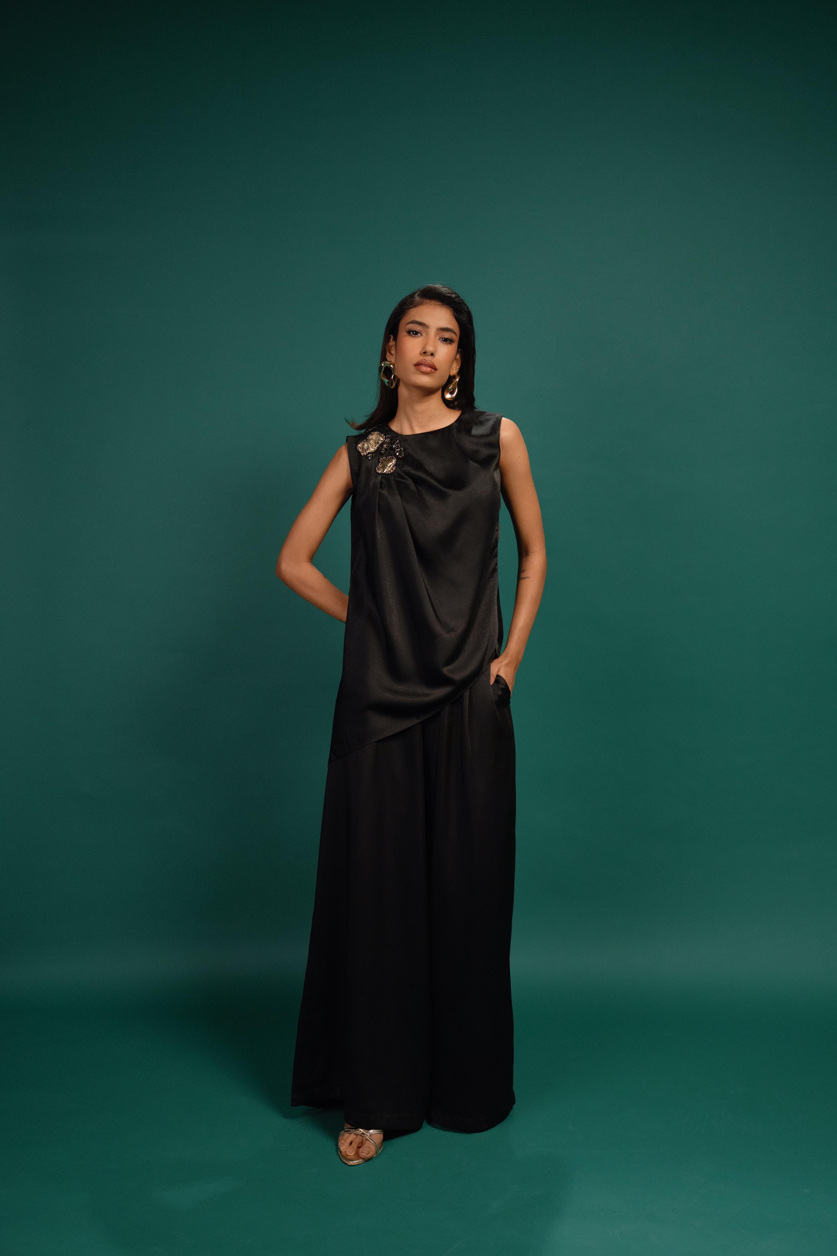 Ebony Spotted Draped Satin Top