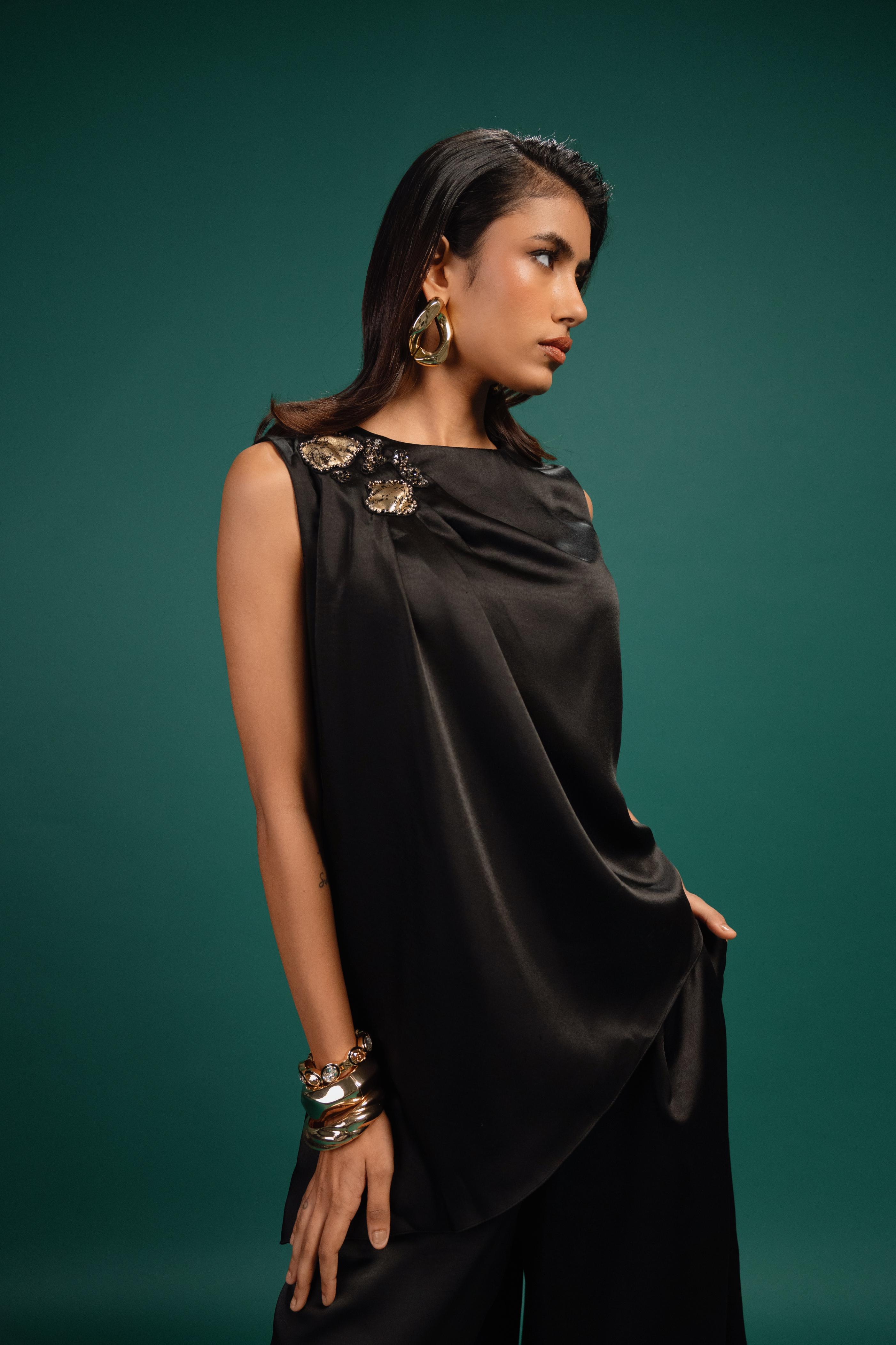 Ebony Spotted Draped Satin Top