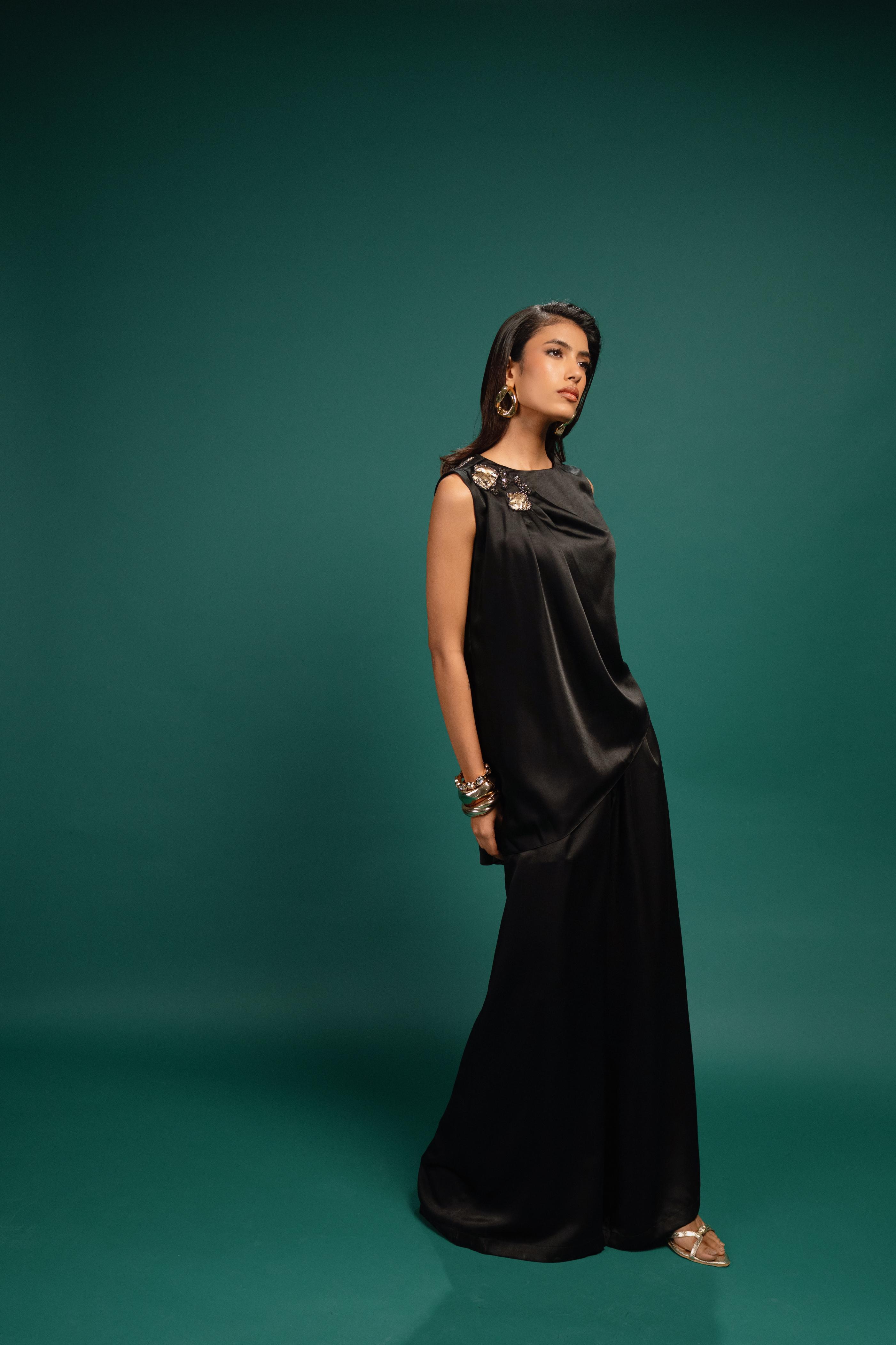 Ebony Spotted Draped Satin Top