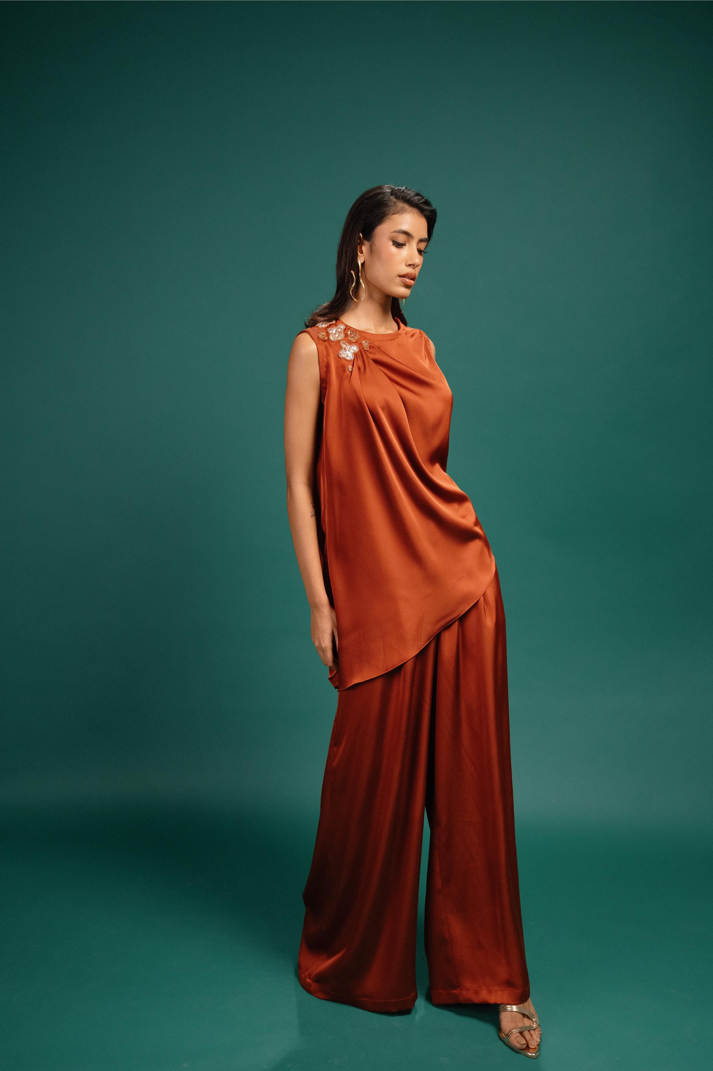 Rust Flared Satin Pants