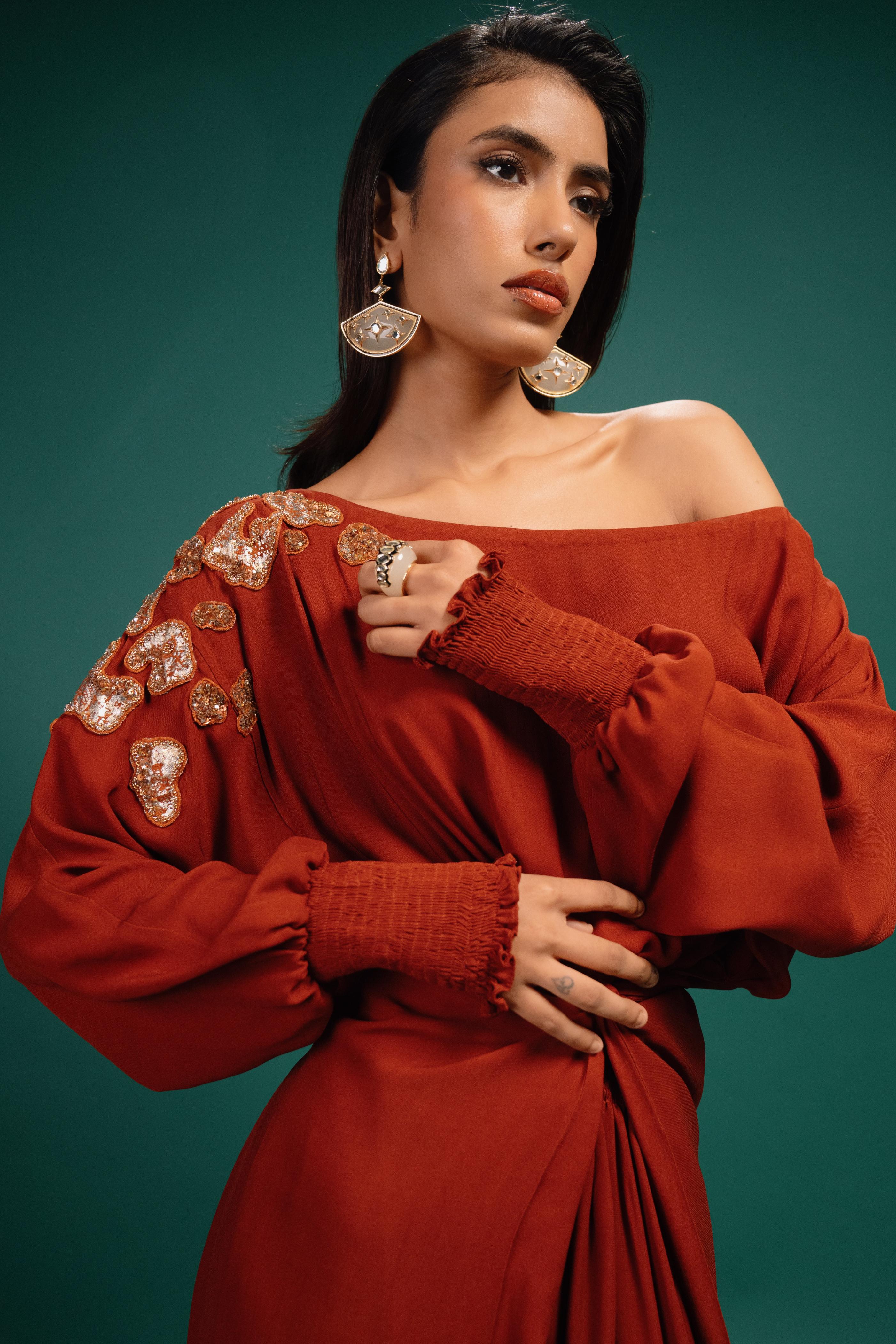 Rust Spotted Wrap Georgette Dress