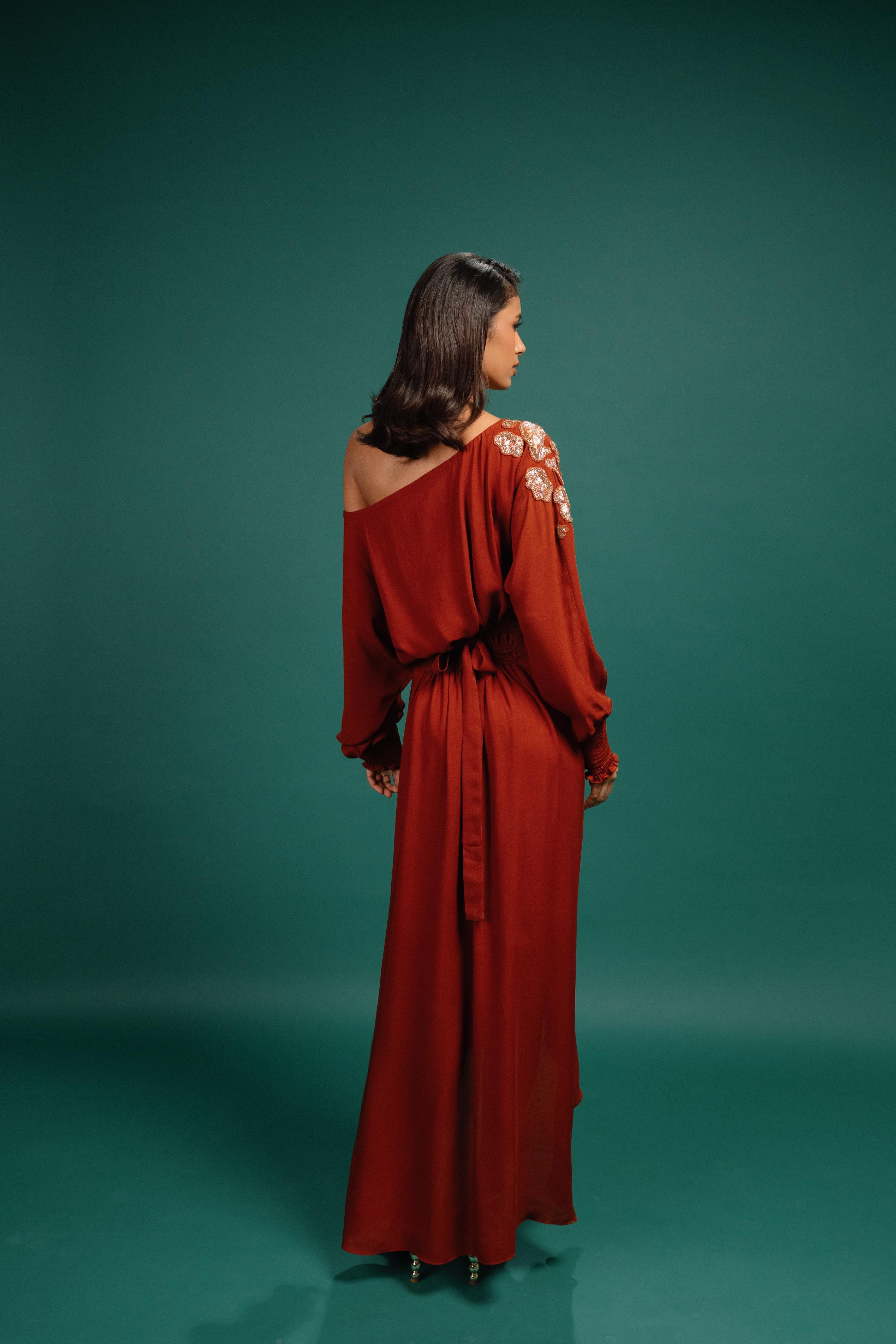 Rust Spotted Wrap Georgette Dress