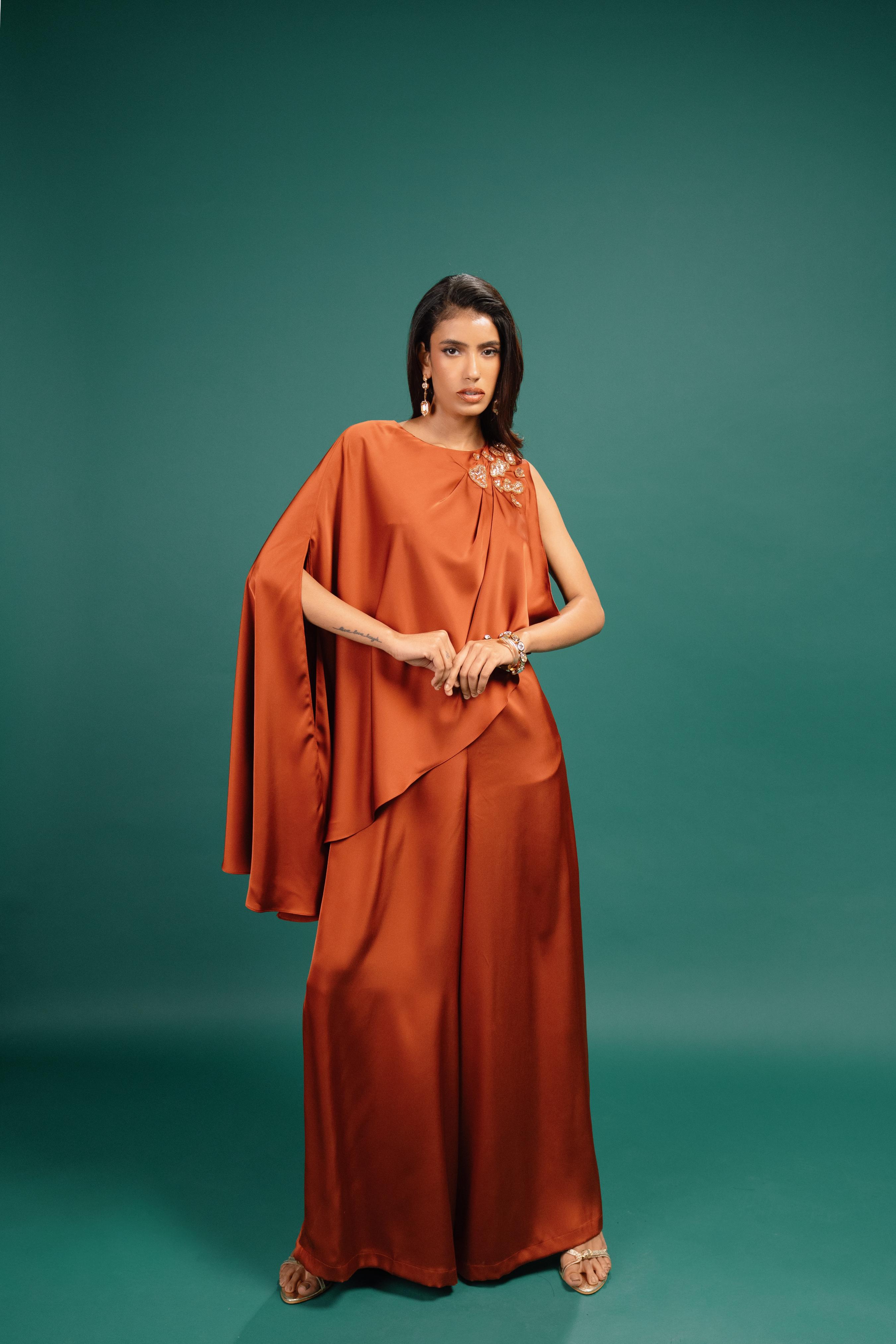 Rust Spotted Draped Satin Cape Jumpsuit