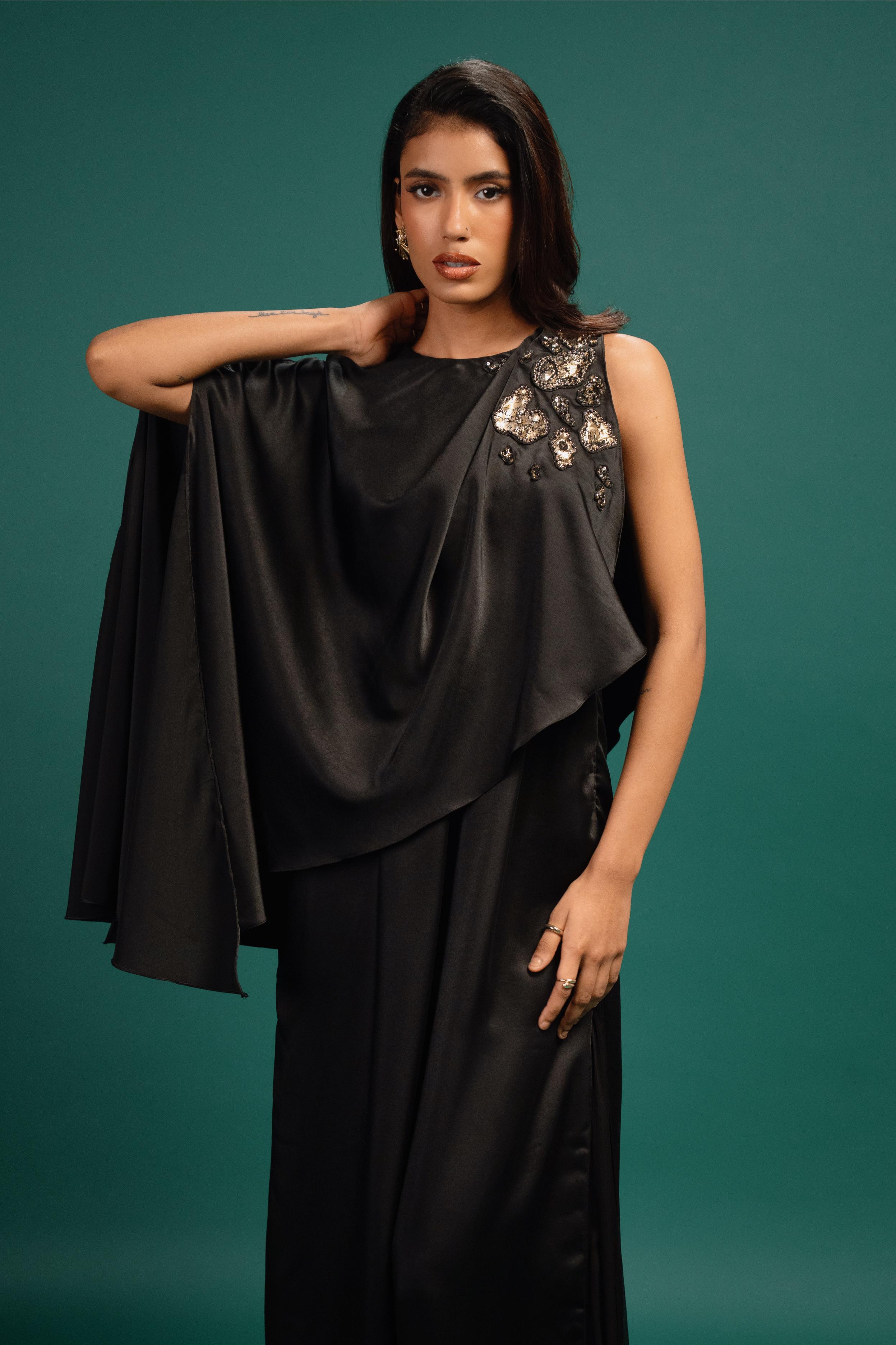 Ebony Spotted Draped Satin Cape Jumpsuit