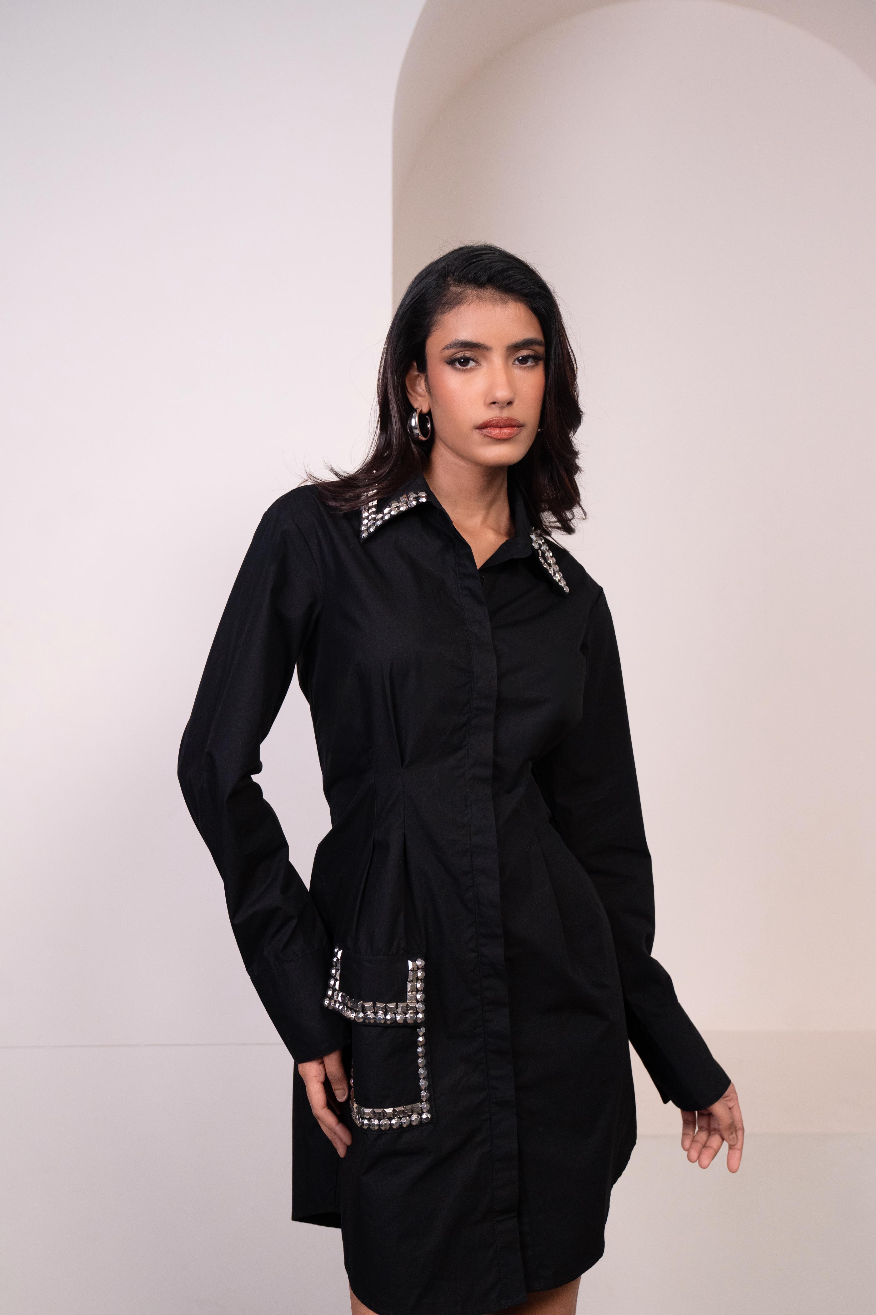 Timeless Detailed Black Poplin Shirt Dress