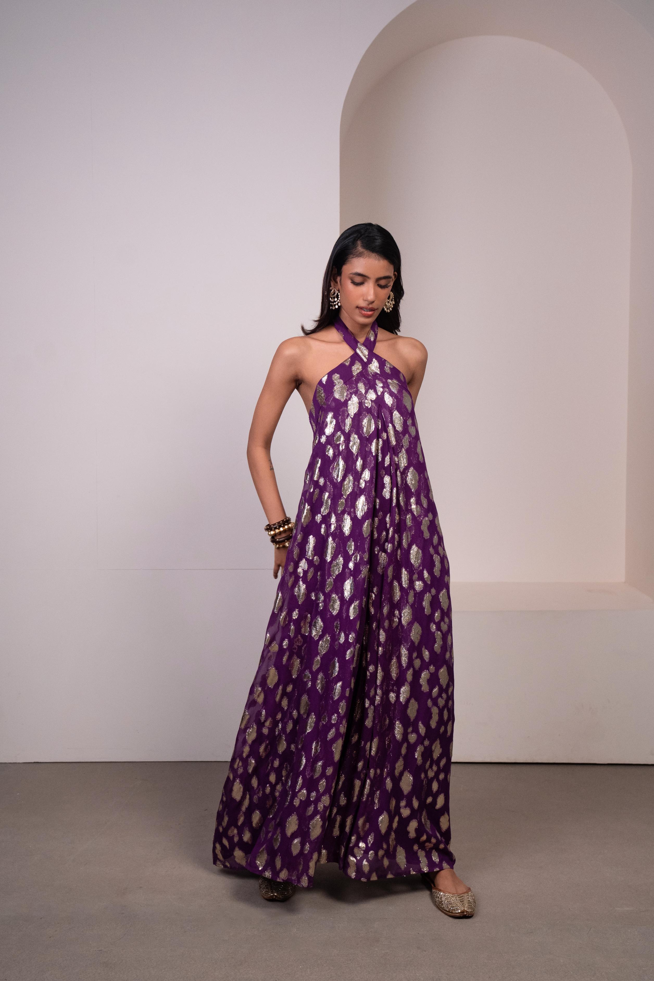 Purple Spotted Halter Jumpsuit