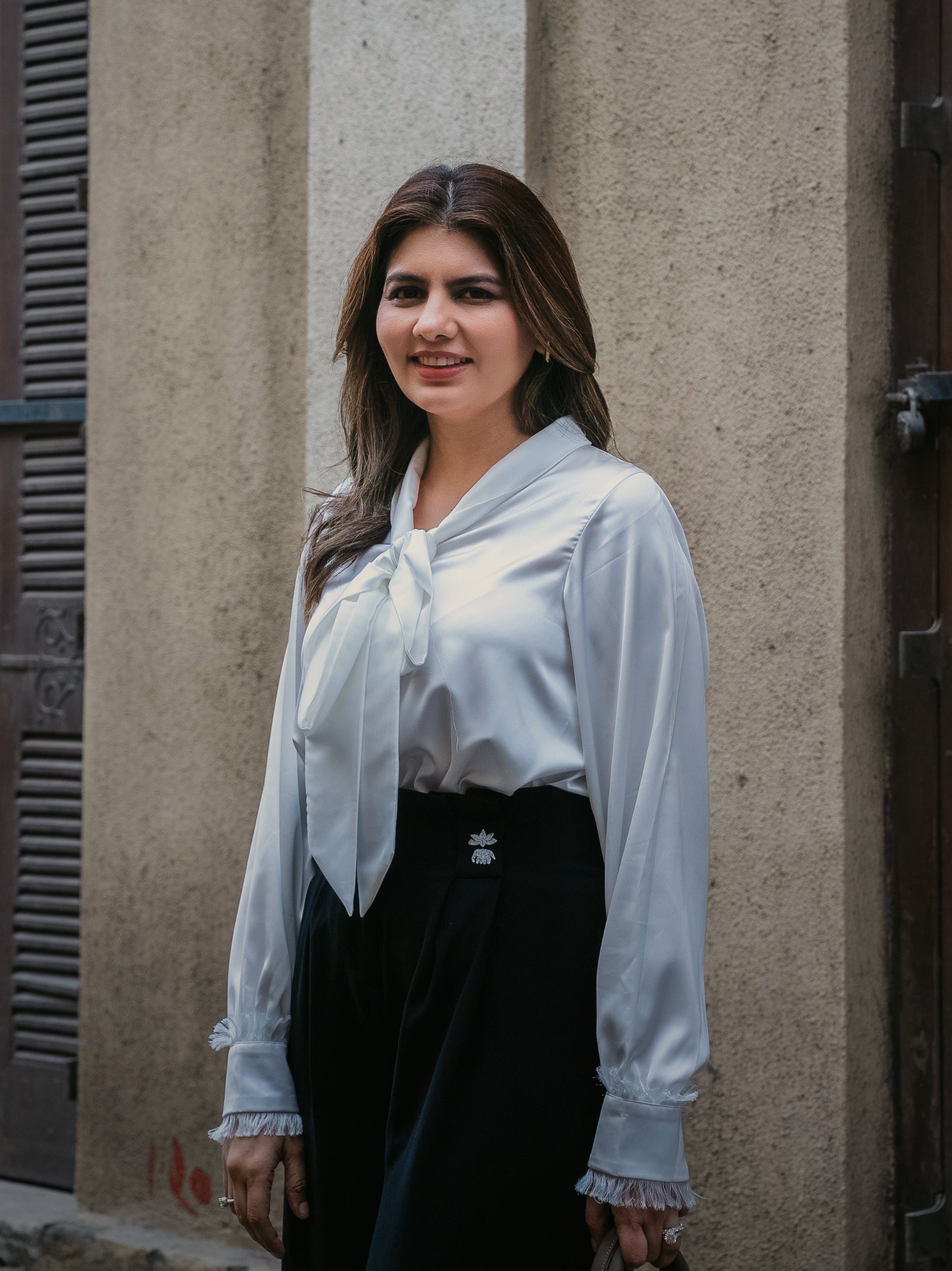 Pearl Bow Satin Shirt for Women