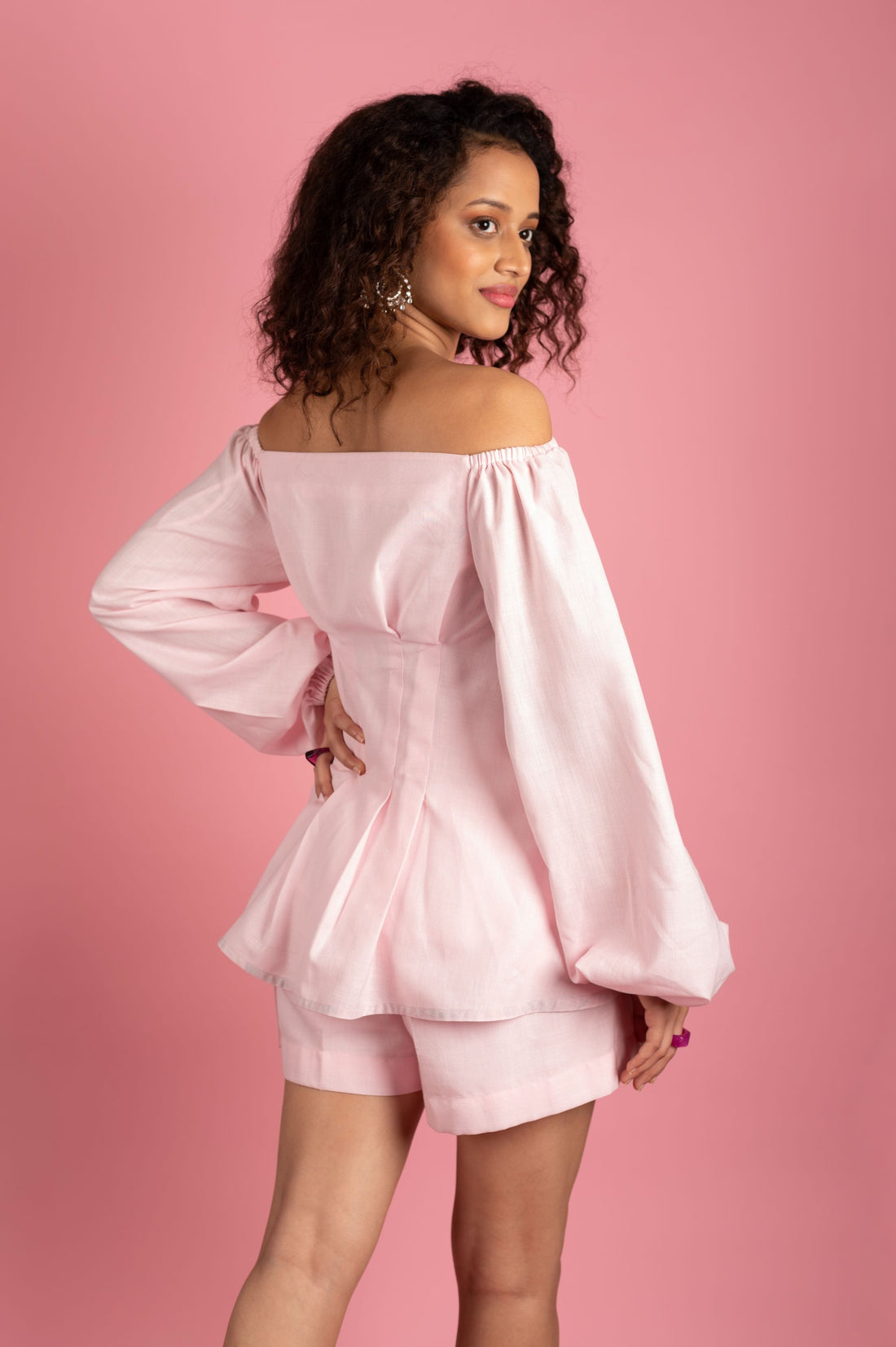BABY PINK PLEATED OFF SHOULDER TOP