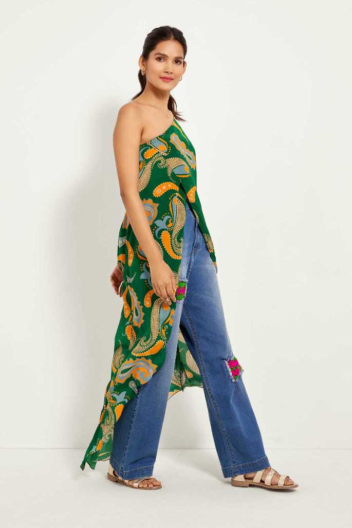 Green Paisley One Shoulder Tunic