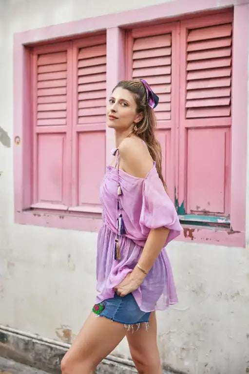 Lilac off Shoulder Smocked Top