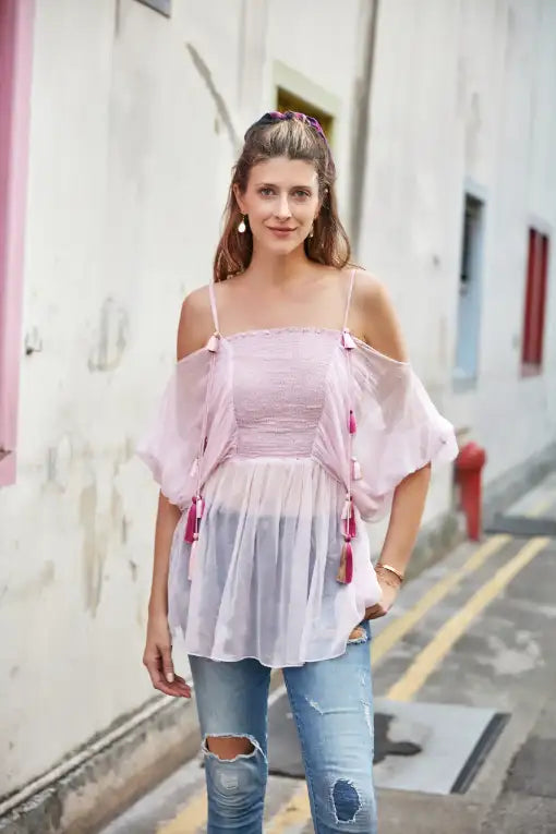 Powder Pink off Shoulder Smocked Top