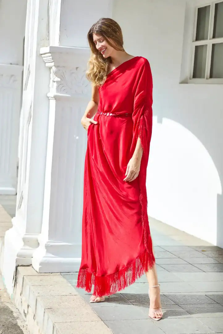 Buy Red One Shoulder Kaftan With Mirror Belt Online