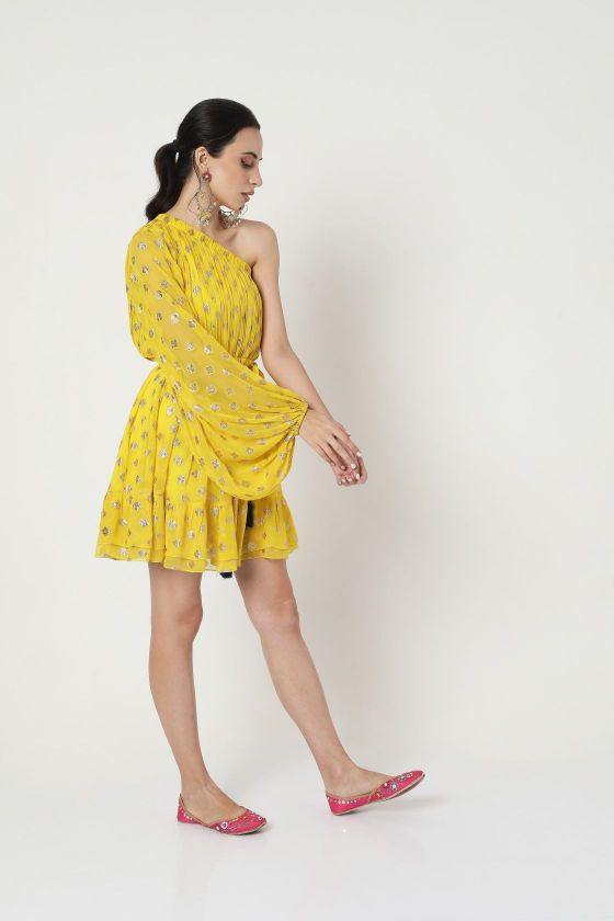 Yellow Embroidered One Shoulder Dress