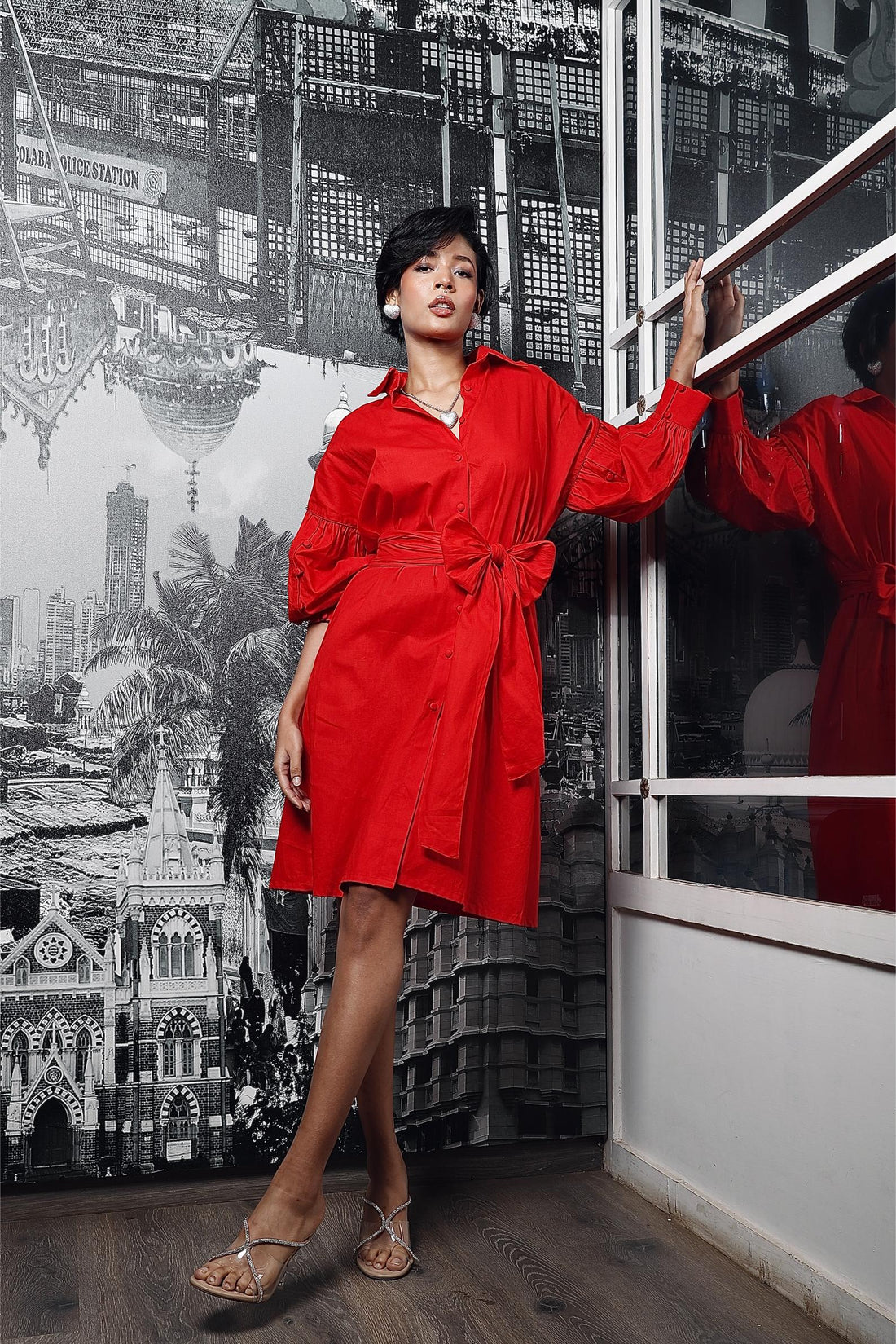 RED BOW TIE-UP SHIRT DRESS