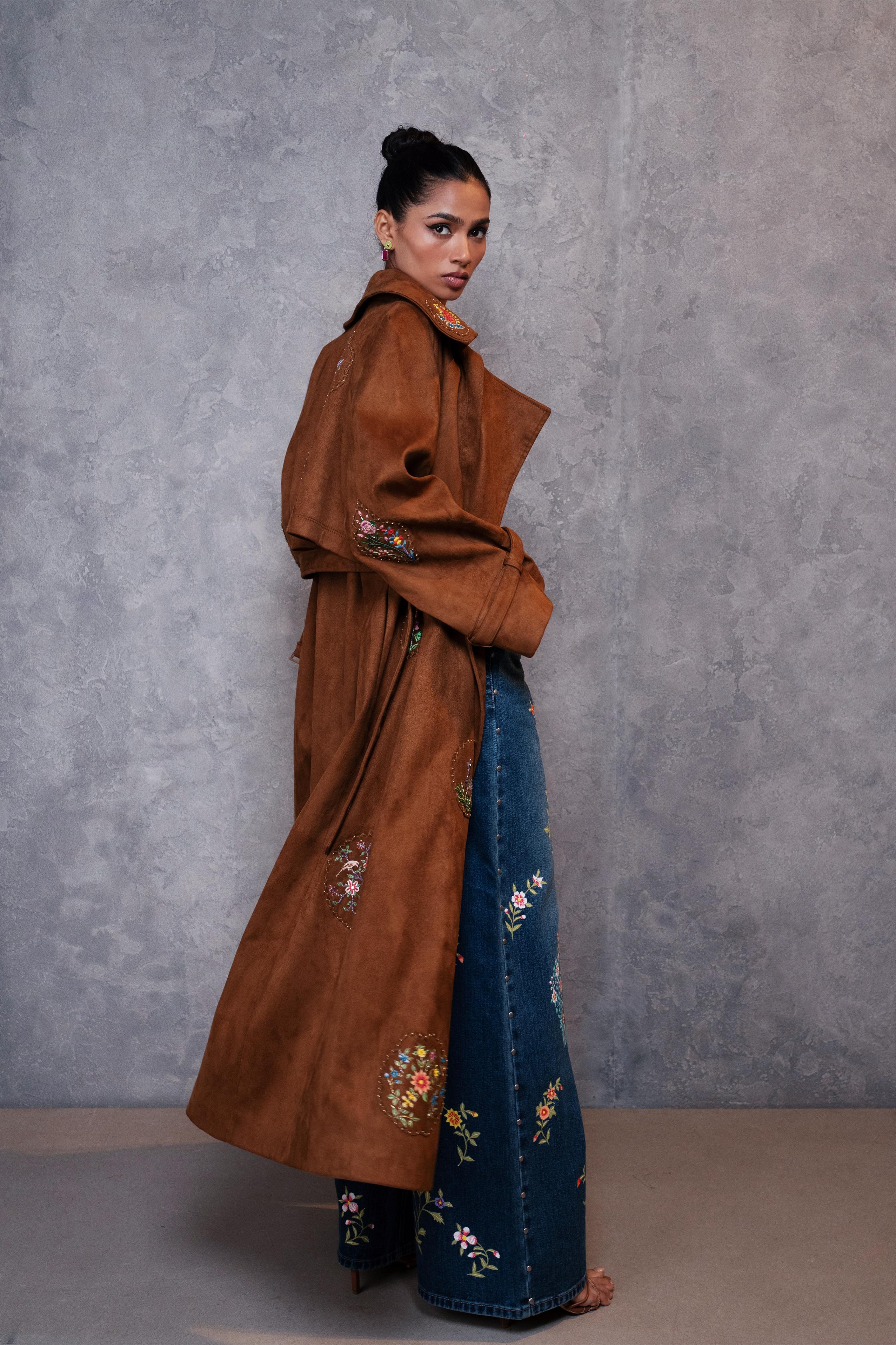 Tan Suede Patched Embroidered Trench