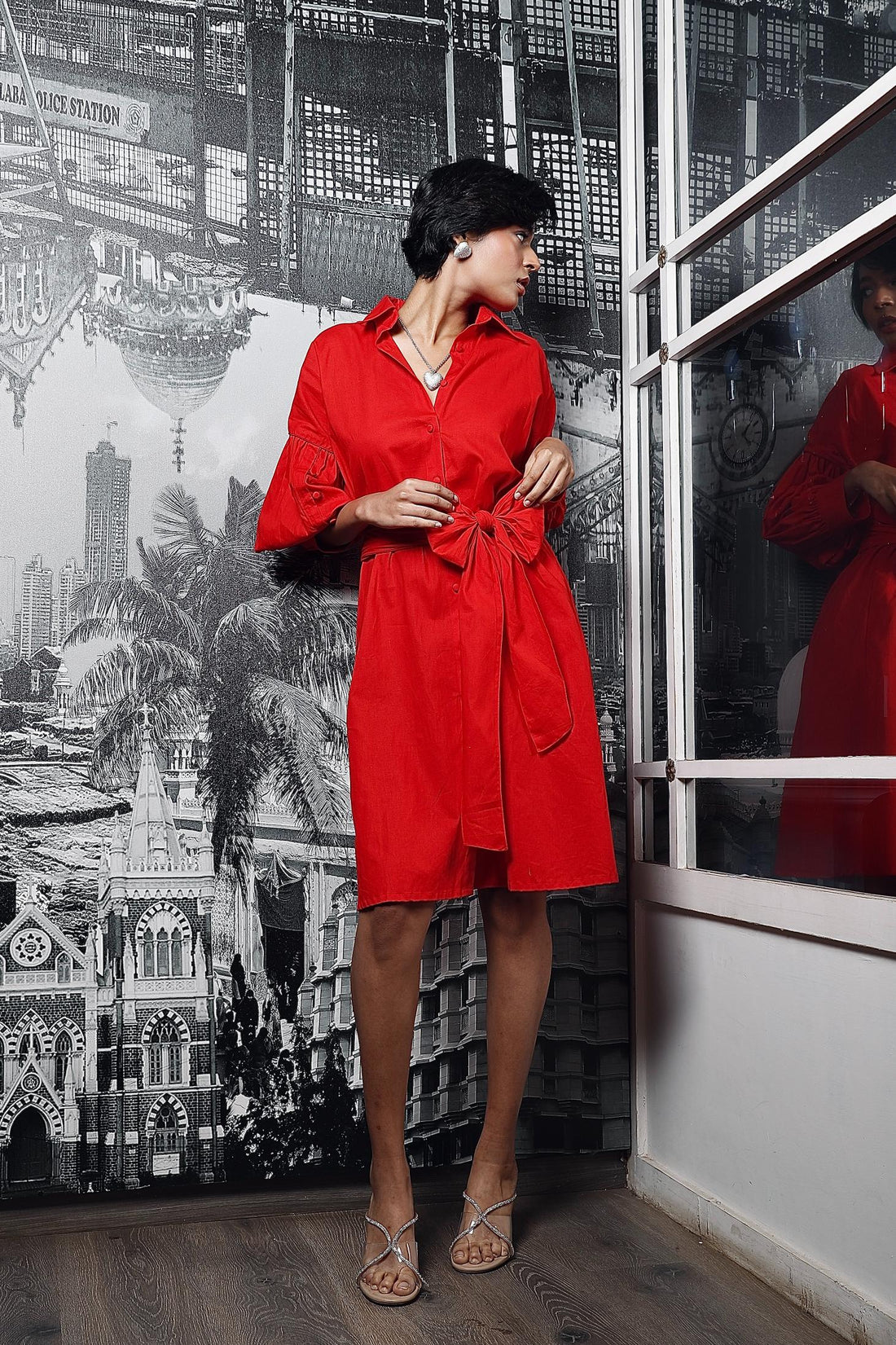 RED BOW TIE-UP SHIRT DRESS