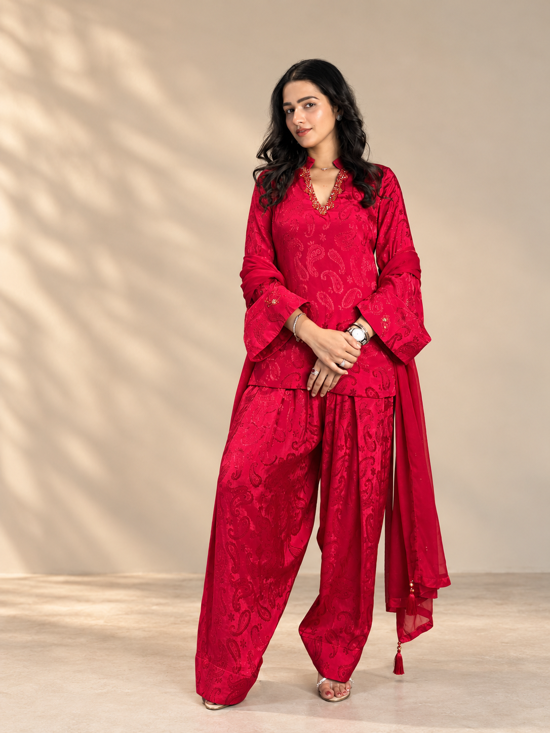 Red Paisley Tunic with Farsi Pants with Dupatta