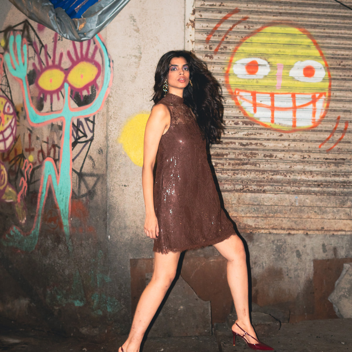 chinese dress ladies Chocolate Brown Lace Halter Dress