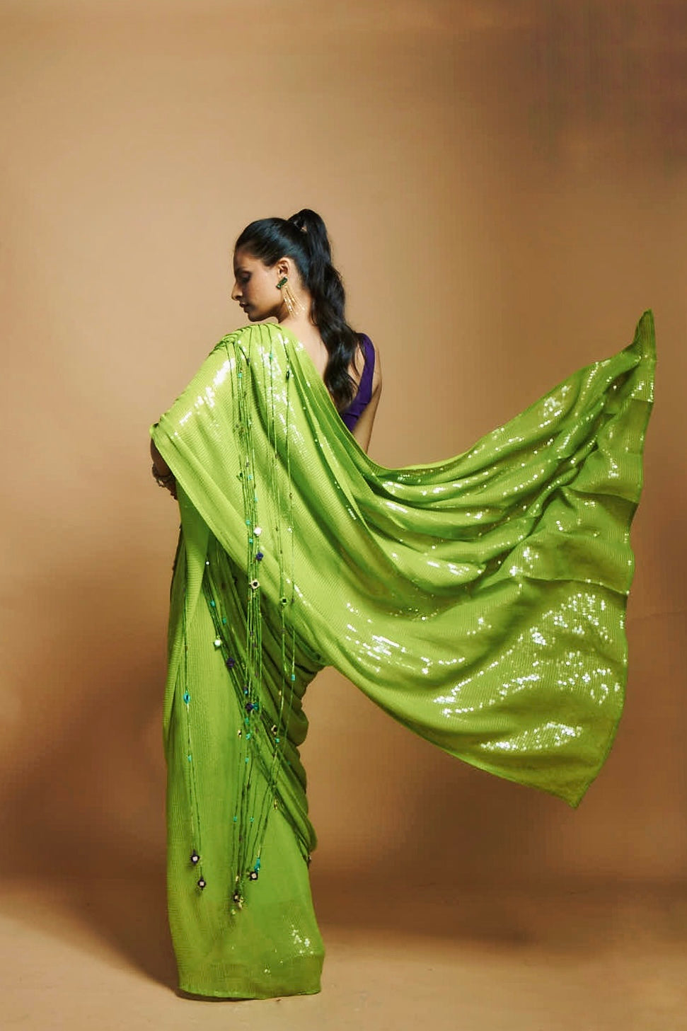 LIME GREEN SEQUIN SKIRT WITH DETACHABLE SEQUIN PALLU