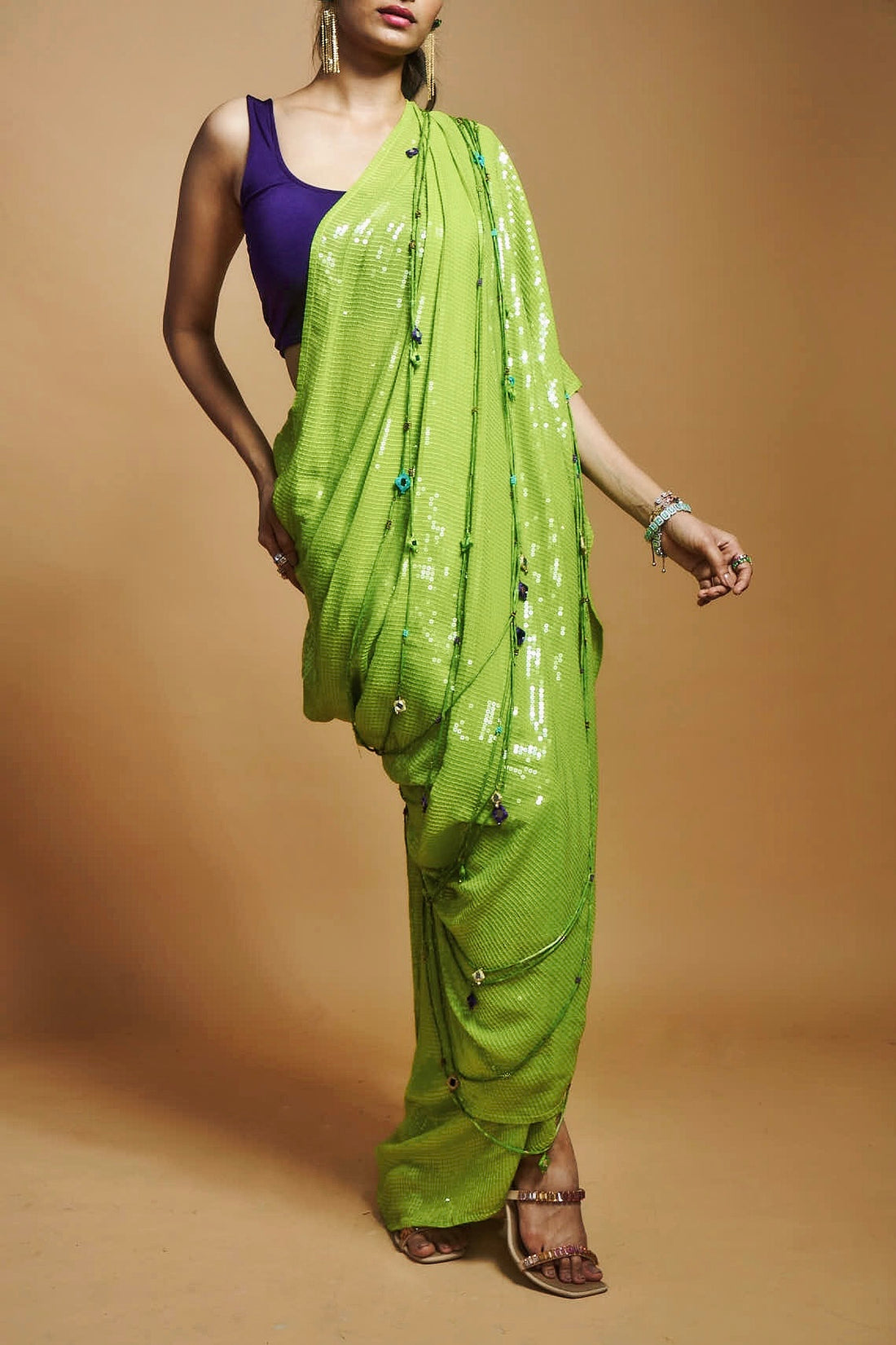 LIME GREEN SEQUIN SKIRT WITH DETACHABLE SEQUIN PALLU