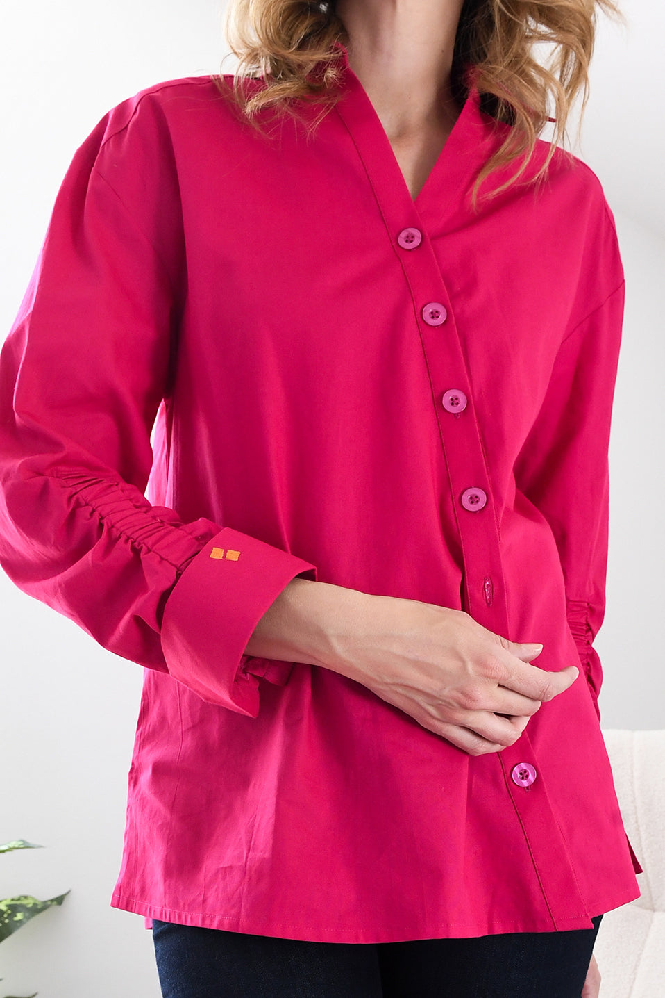 Hot Pink Poplin Ruched Shirt