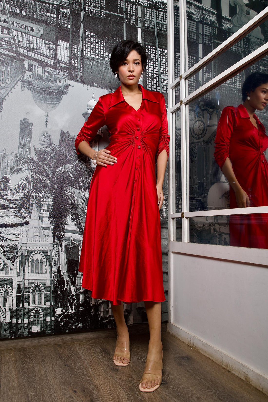 Red Satin Cinched Midi Dress