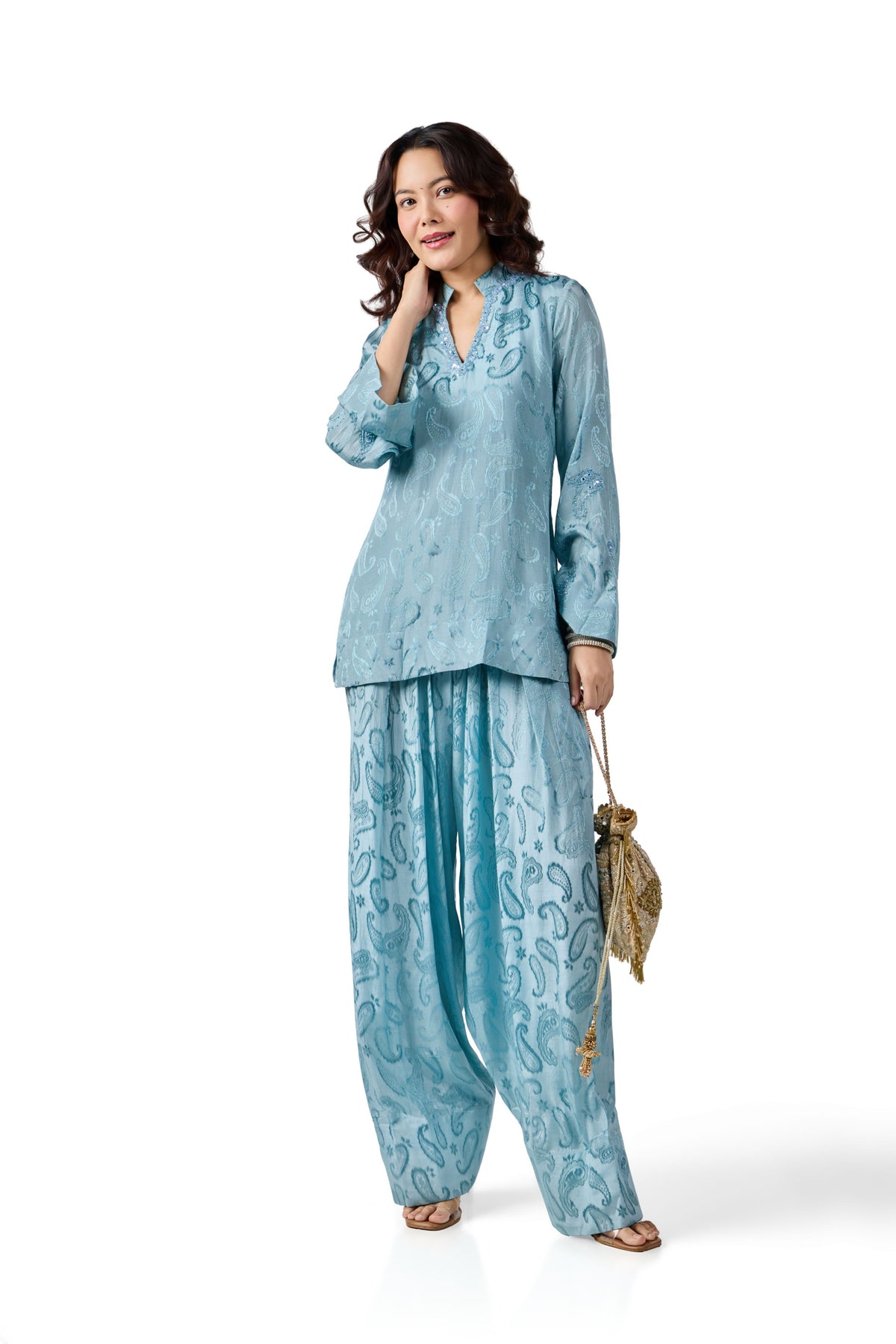 Front view of the ice-blue paisley tunic and farsi pants