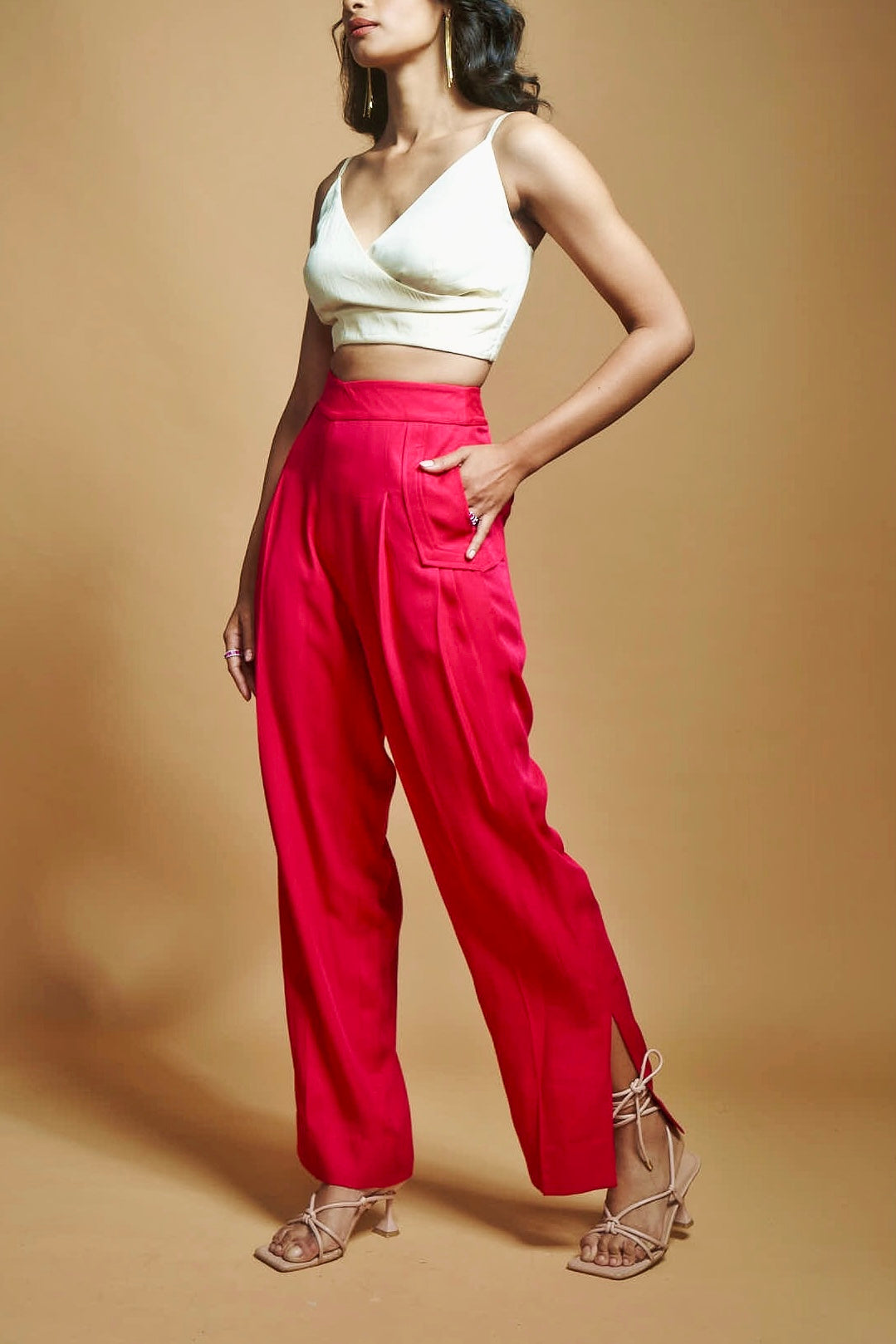 HOT PINK TWILL PLEATED PANTS