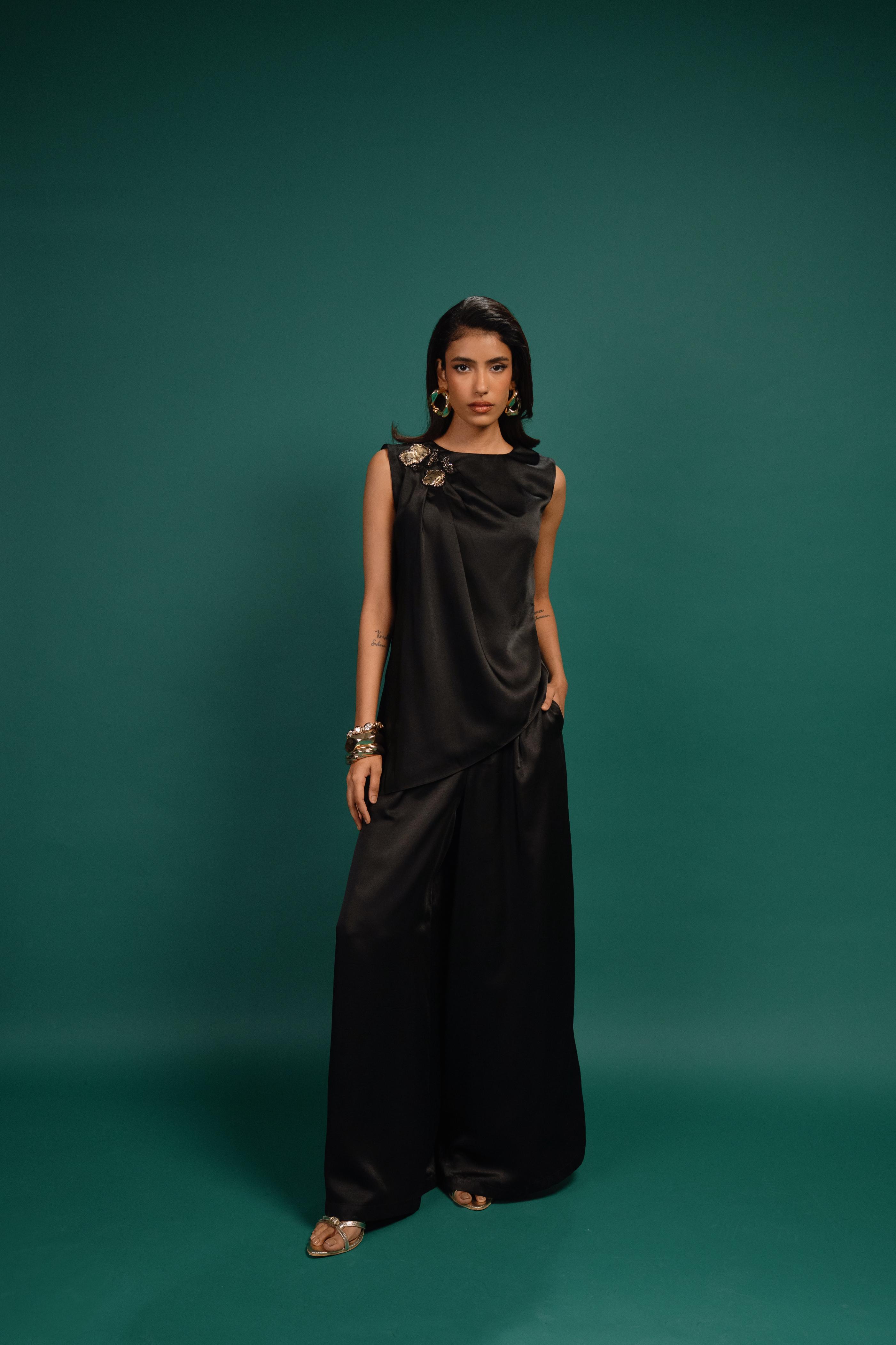 Ebony Spotted Draped Satin Top