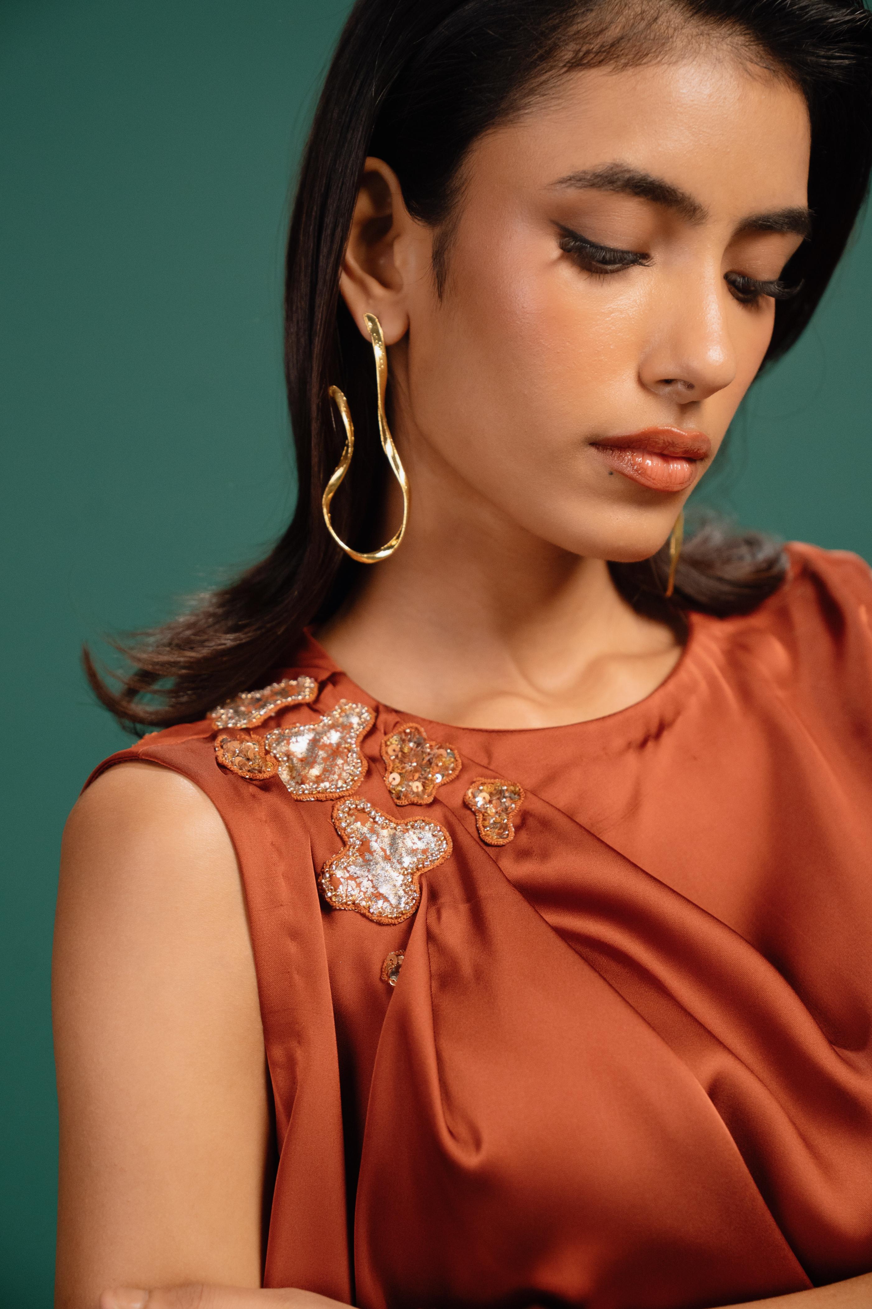 Rust Spotted Draped Satin Top