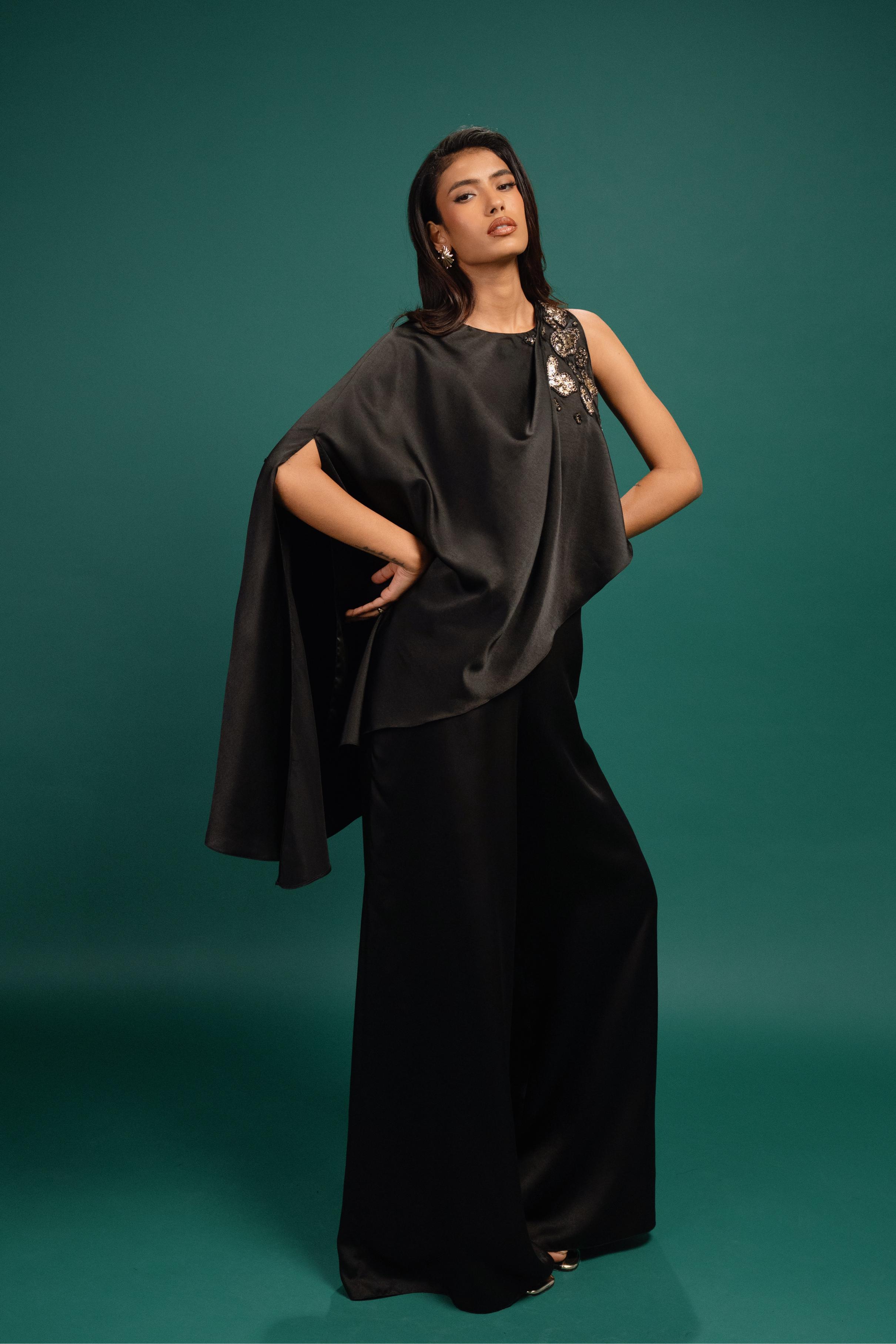 Ebony Spotted Draped Satin Cape Jumpsuit