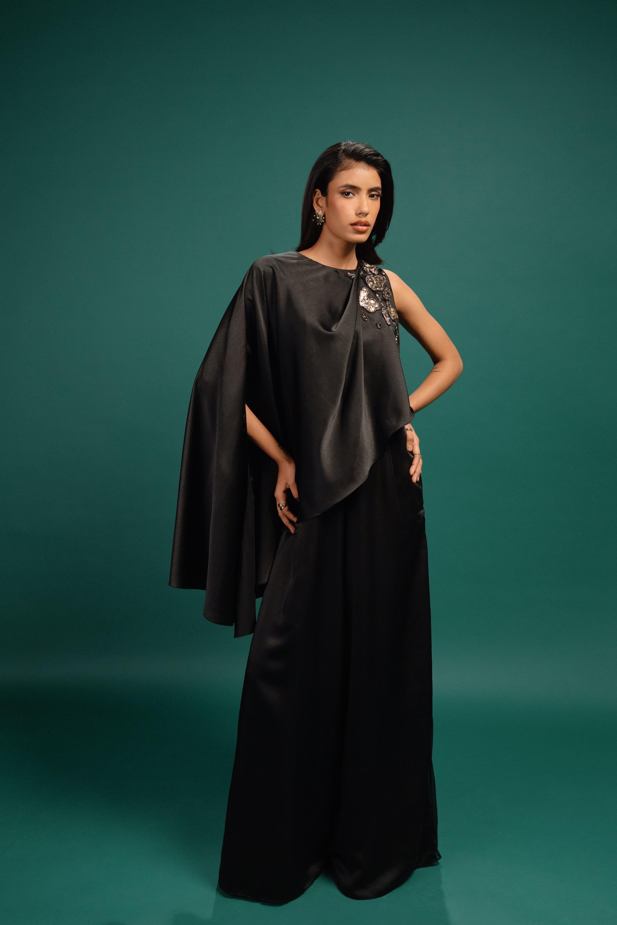 Ebony Spotted Draped Satin Cape Jumpsuit
