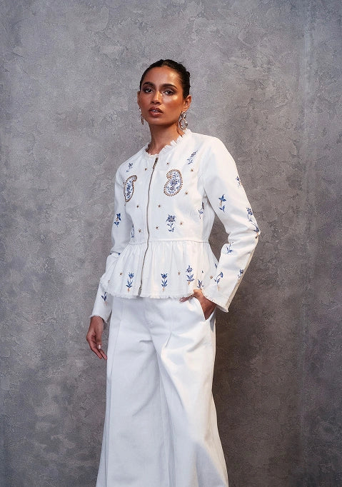 White Poshem Denim Peplum Jacket