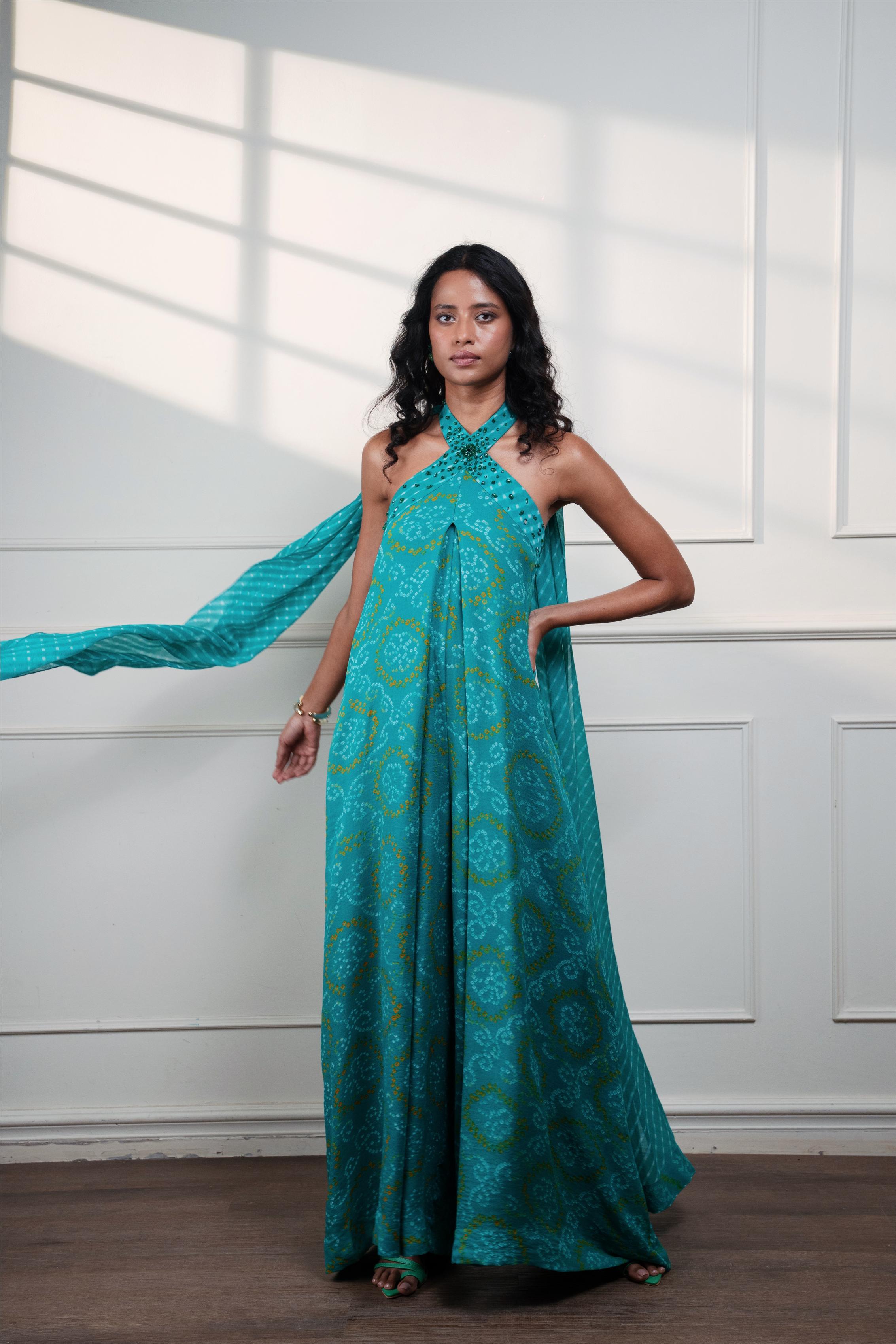 THE KNOT SEAFOAM HALTER CASCADE JUMPSUIT