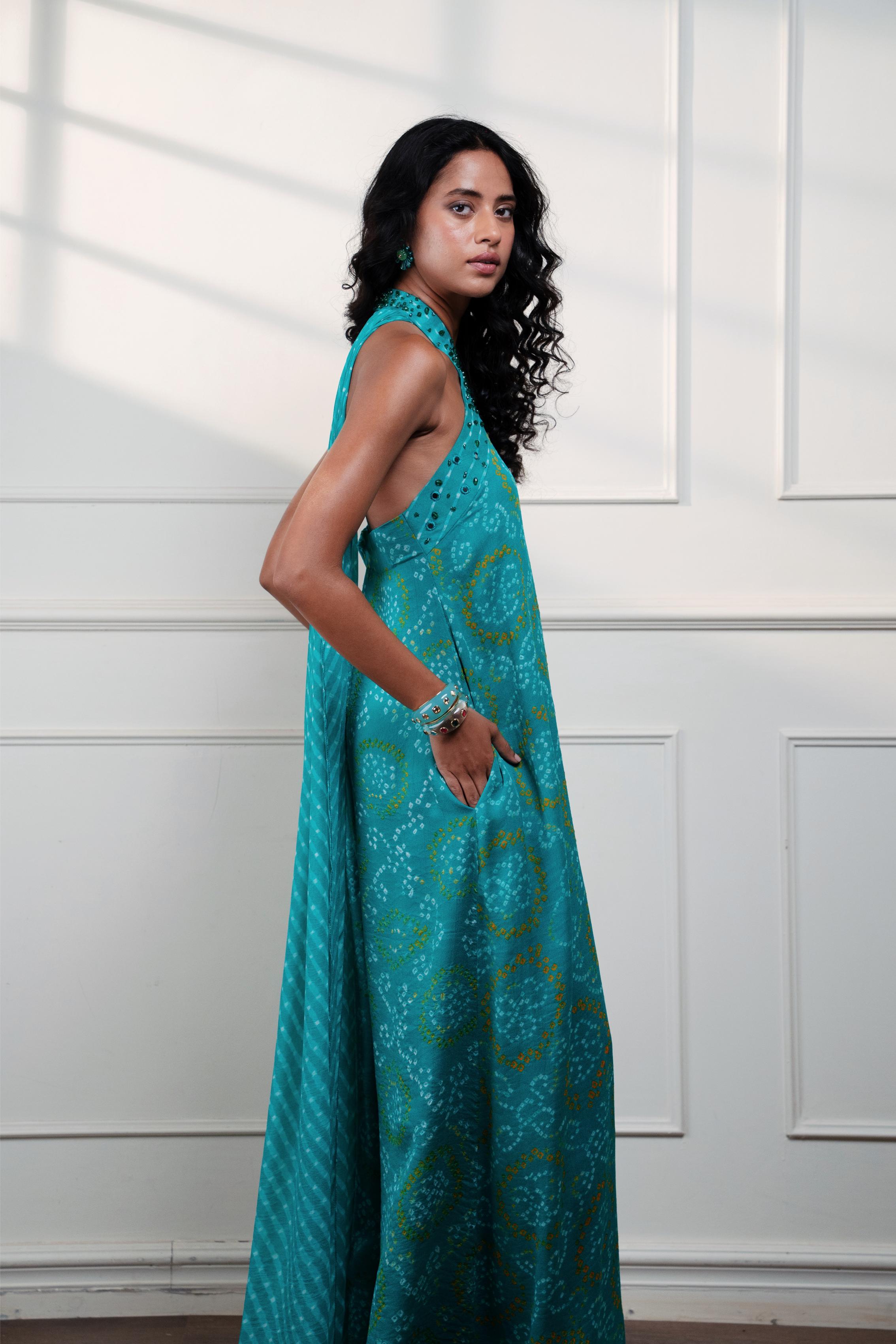 THE KNOT SEAFOAM HALTER CASCADE JUMPSUIT