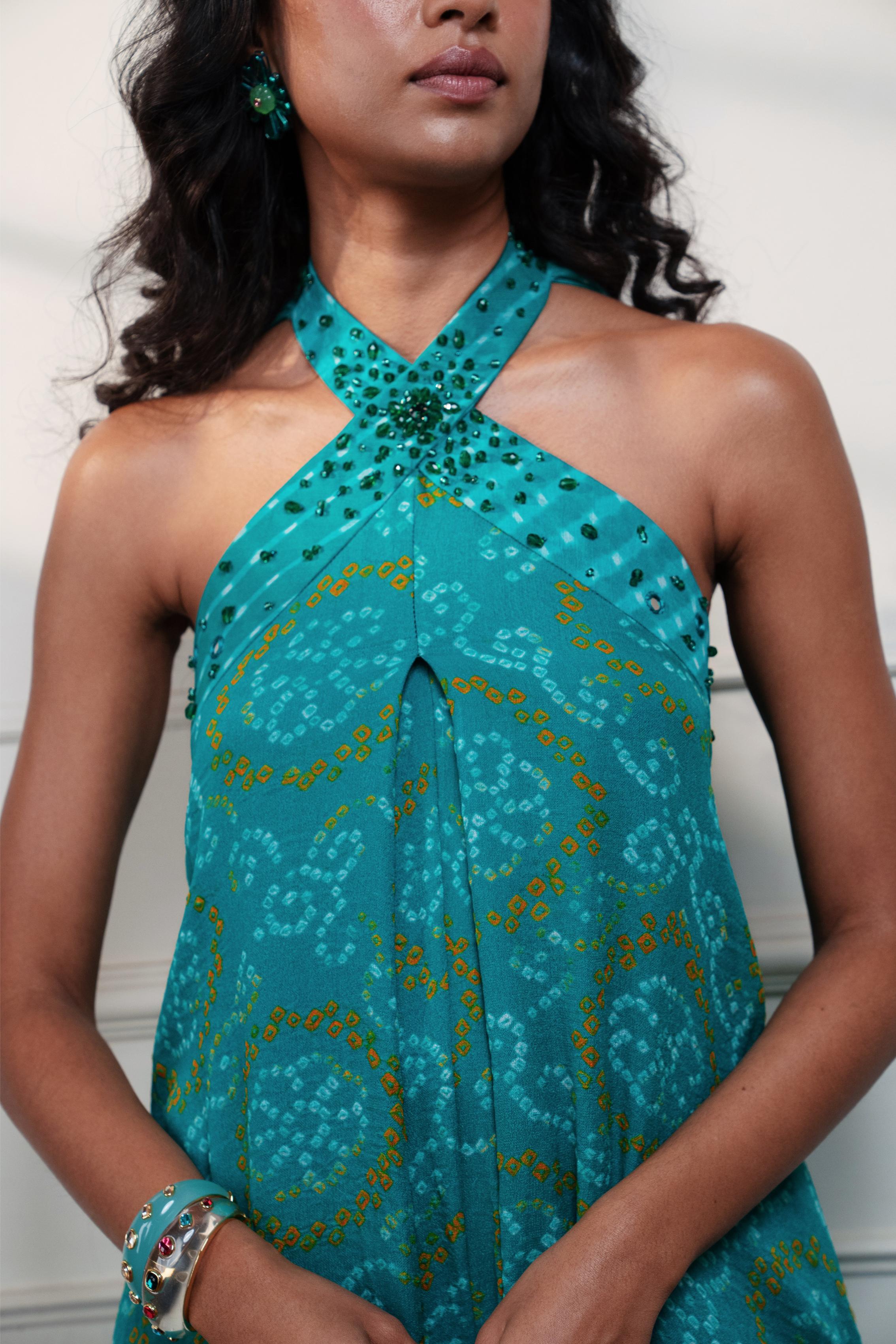THE KNOT SEAFOAM HALTER CASCADE JUMPSUIT