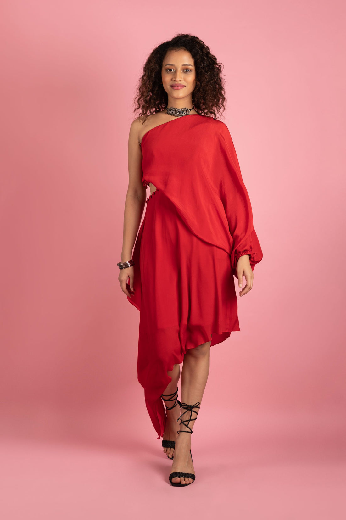 RED ONE SHOULDER CUT OUT MIDI DRESS
