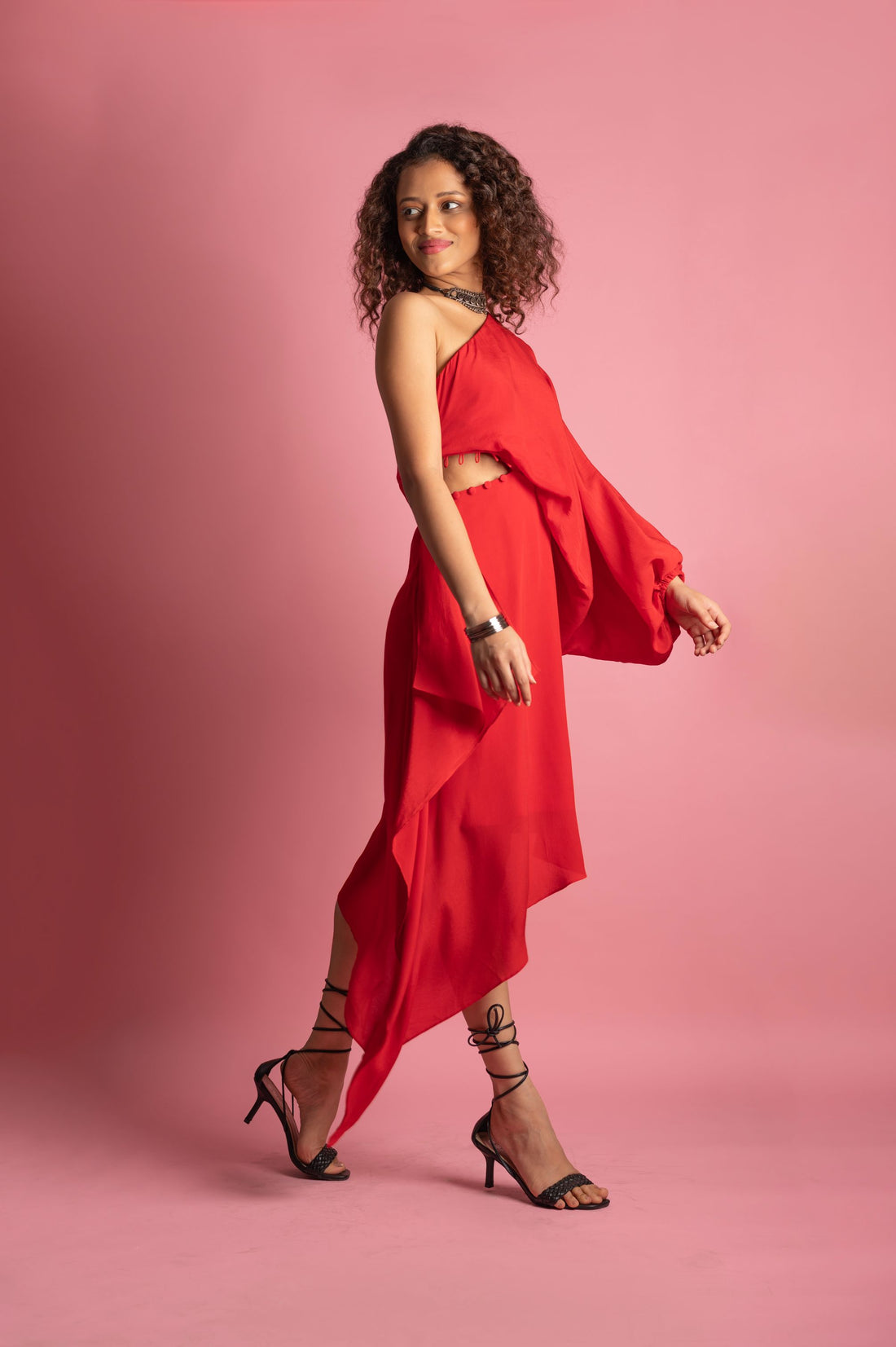 RED ONE SHOULDER CUT OUT MIDI DRESS