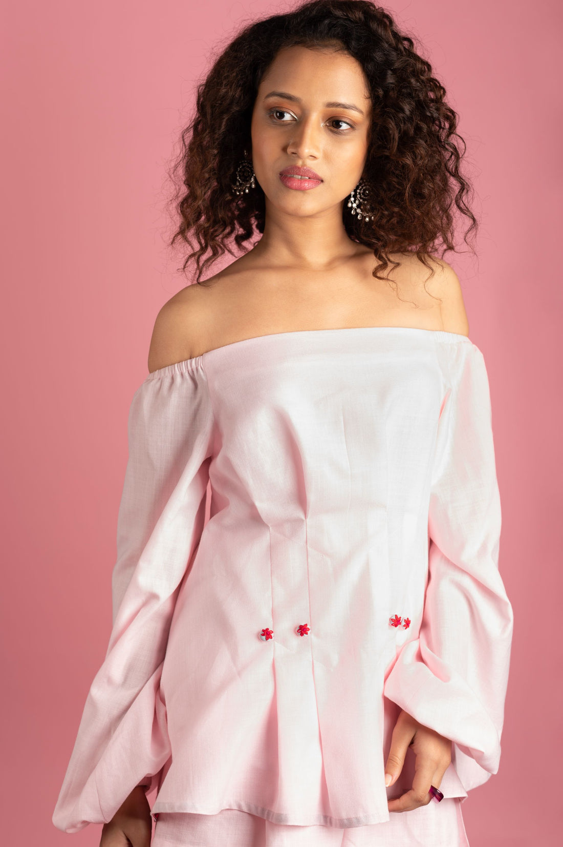 BABY PINK PLEATED OFF SHOULDER TOP
