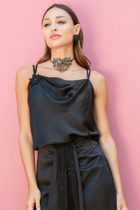 Women wear Black Embroidered Cowl Top
