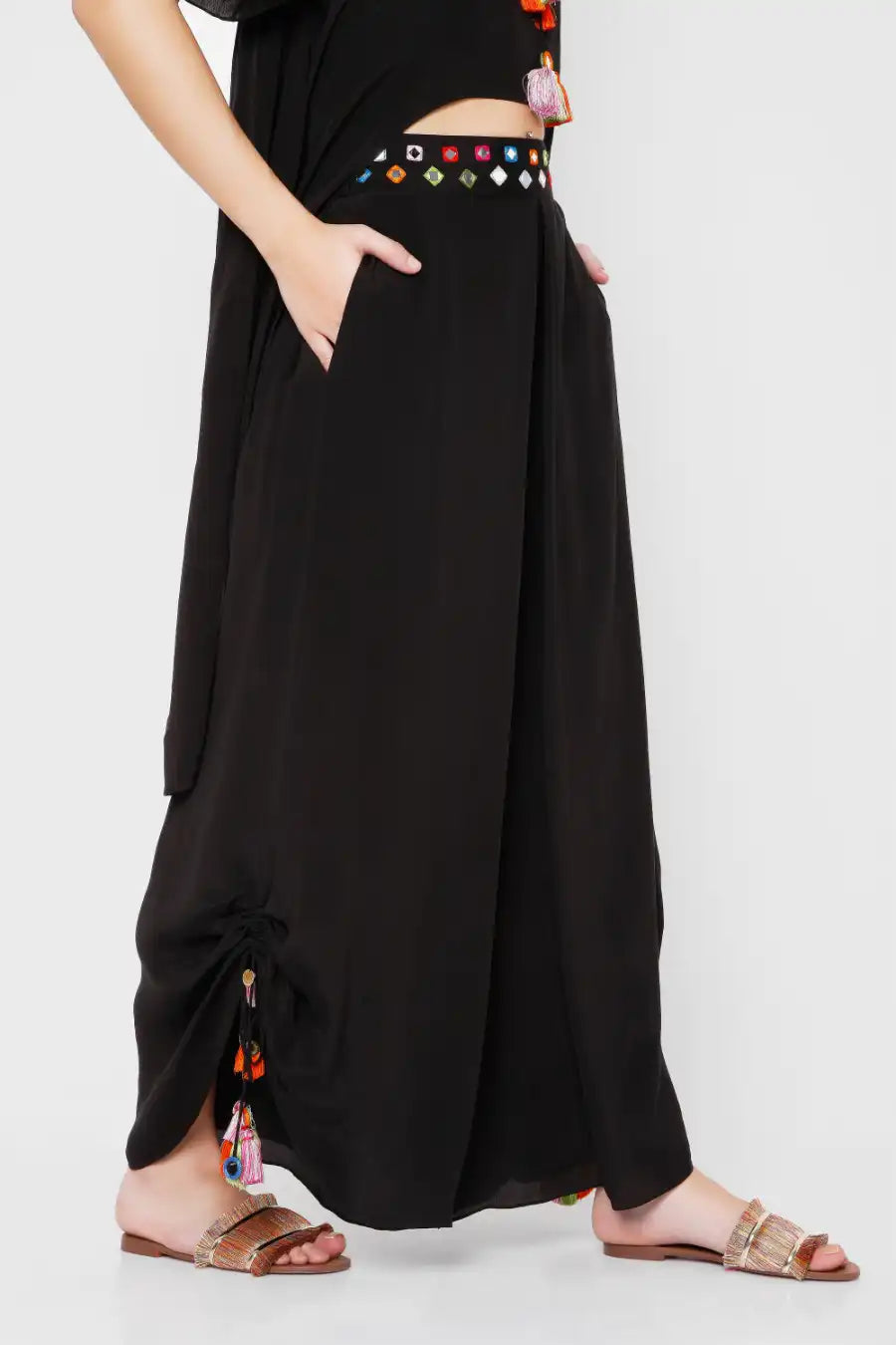 Black Pleated Trouser With Mirrorwork