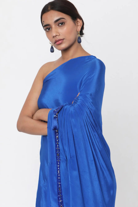 Blue Embroidered One-Shoulder Kaftan