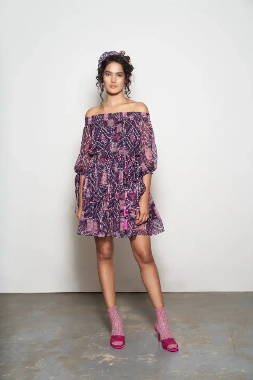 Fuchsia Abstract Printed Off-Shoulder Layered Dress