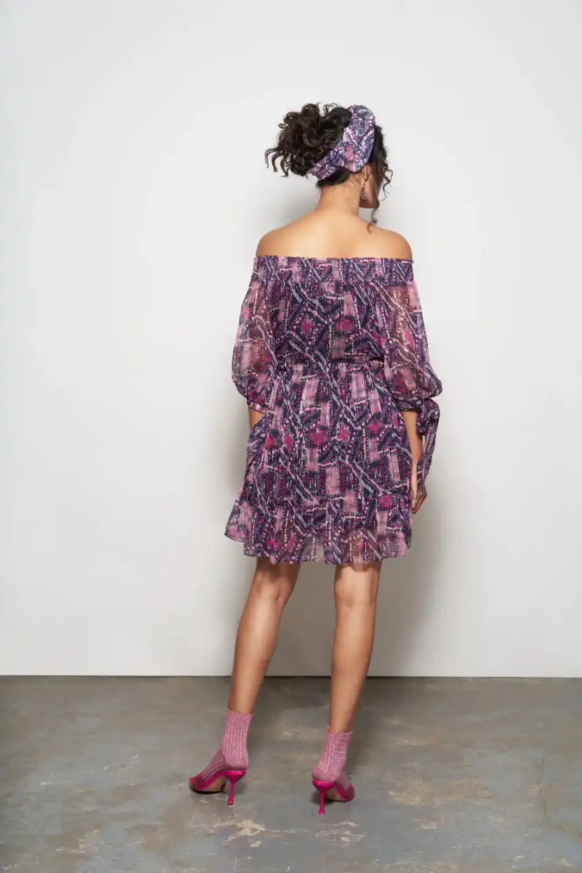 Fuchsia Abstract Printed Off-Shoulder Layered Dress