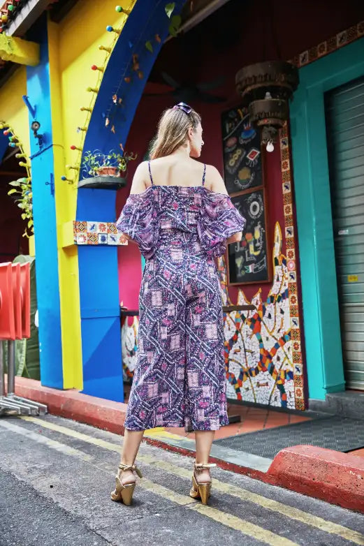 Fuchsia Abstract Printed off Shoulder Jumpsuit
