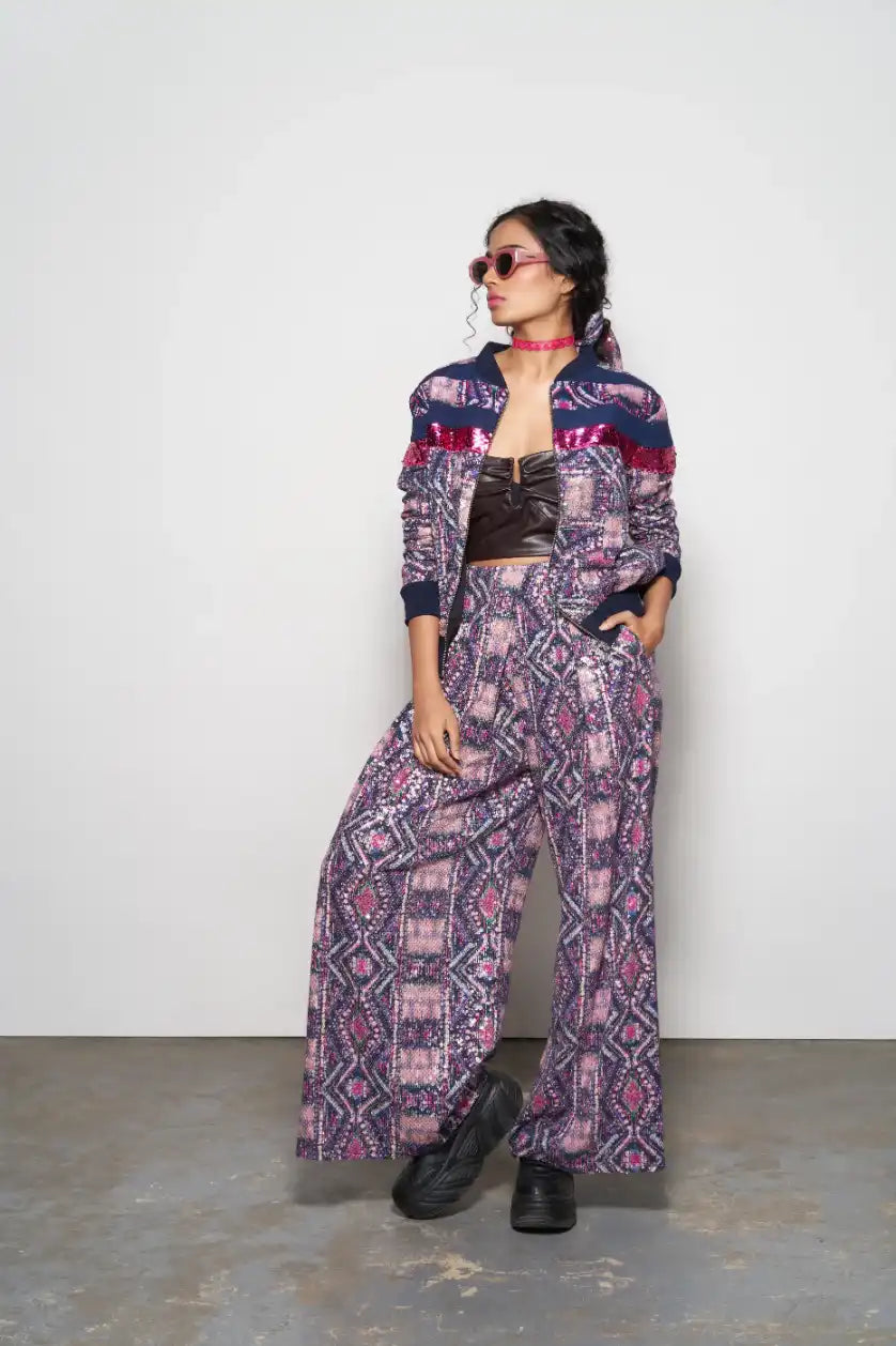 Fuchsia Abstract Printed Patchwork Bomber Jacket