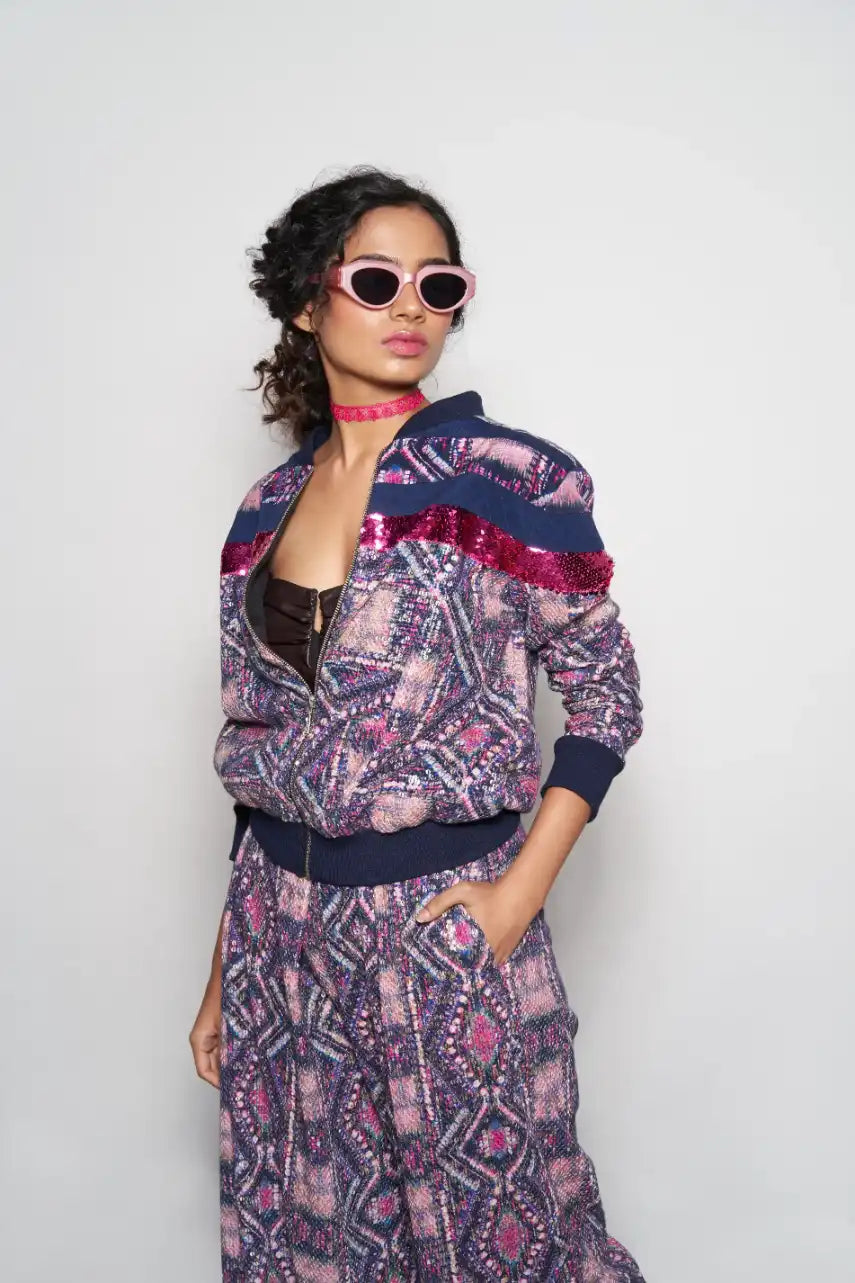Fuchsia Abstract Printed Patchwork Bomber Jacket