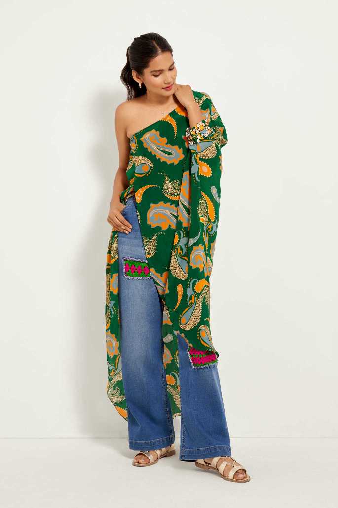 Green Paisley One Shoulder Tunic