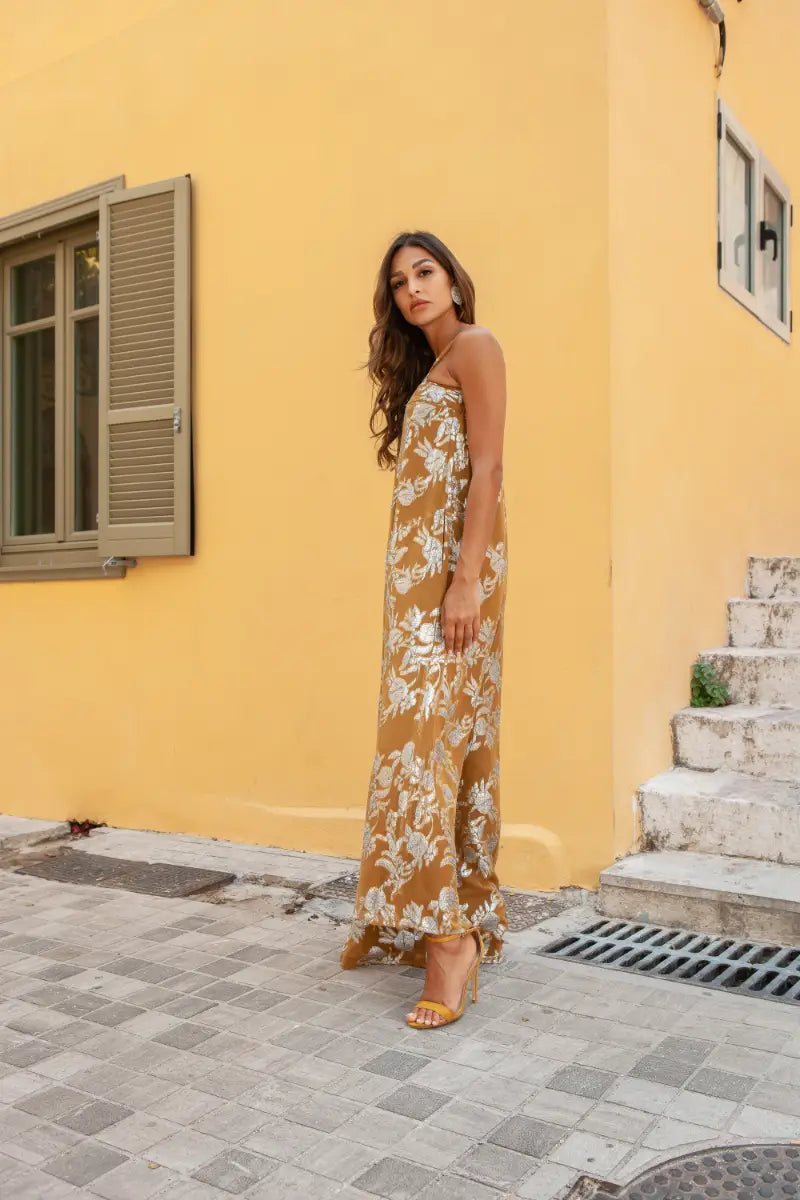 Ochre Embroidered Asymmetrical JumpSuit
